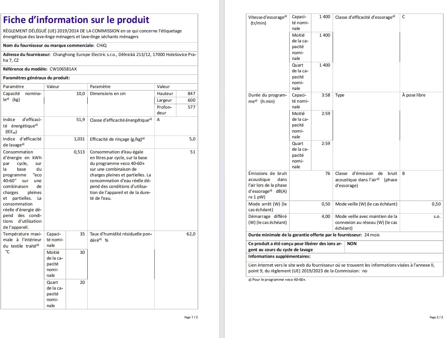 CHiQ - Lave-linge 10 kg, classe A, Inverter, vapeur, 1400 tr/min - CW106581AX