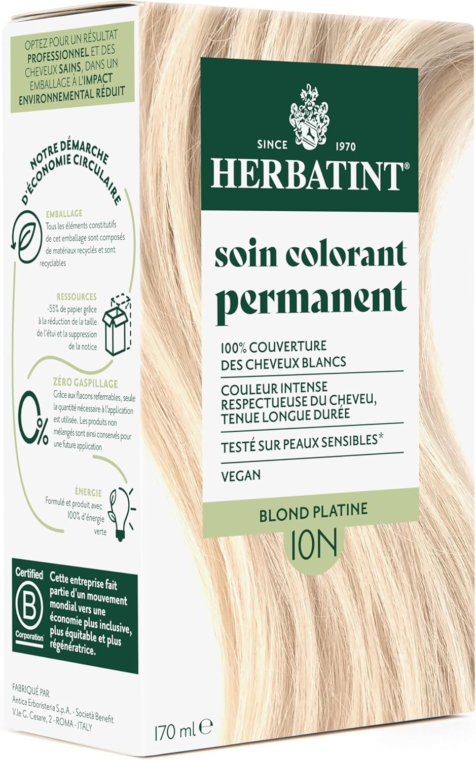 Herbatint - coloration permanente 10N - 170ml - sans ammoniaque, 100% couvrant, 8 extraits bio