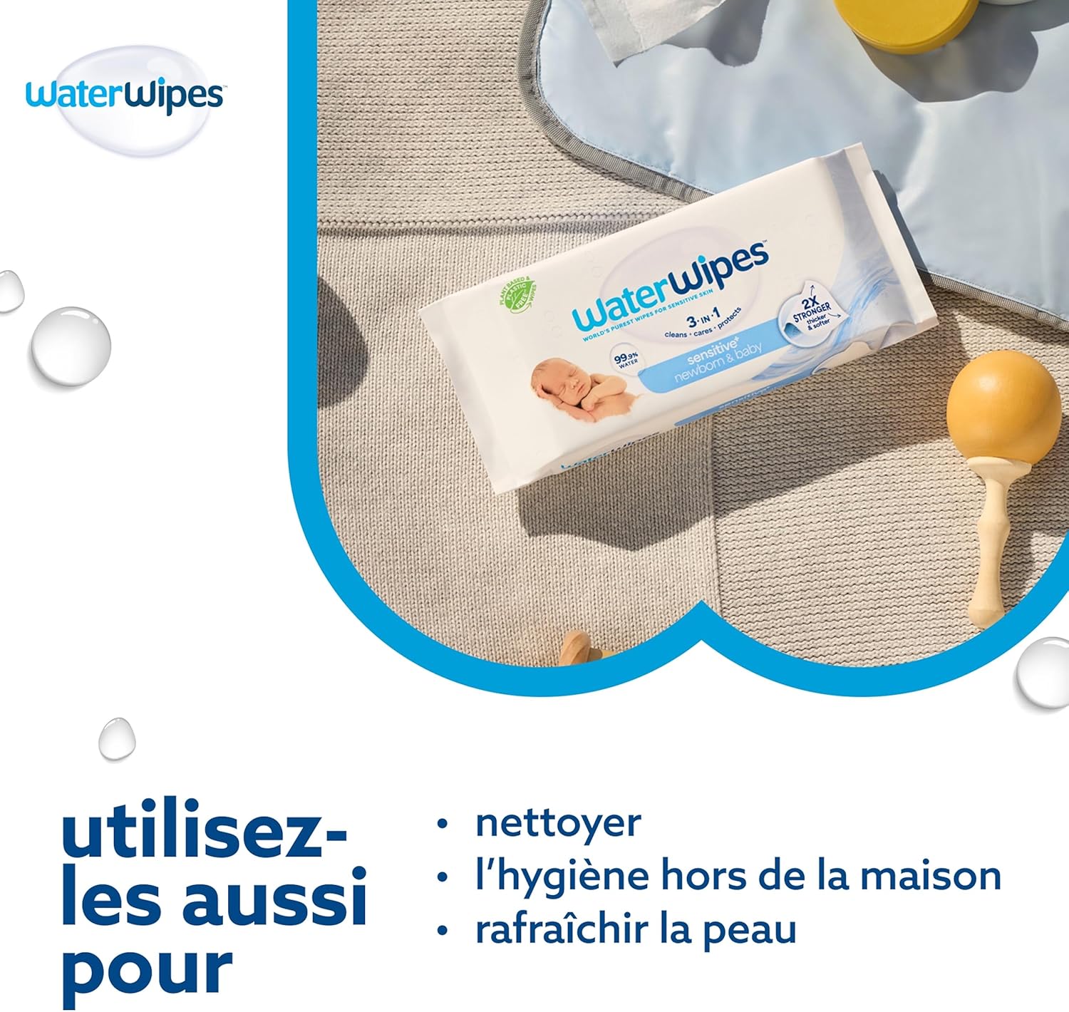 WaterWipes - Sensitive+ - 12x60 lingettes - 99,9% eau, non parfumées, 3-en-1