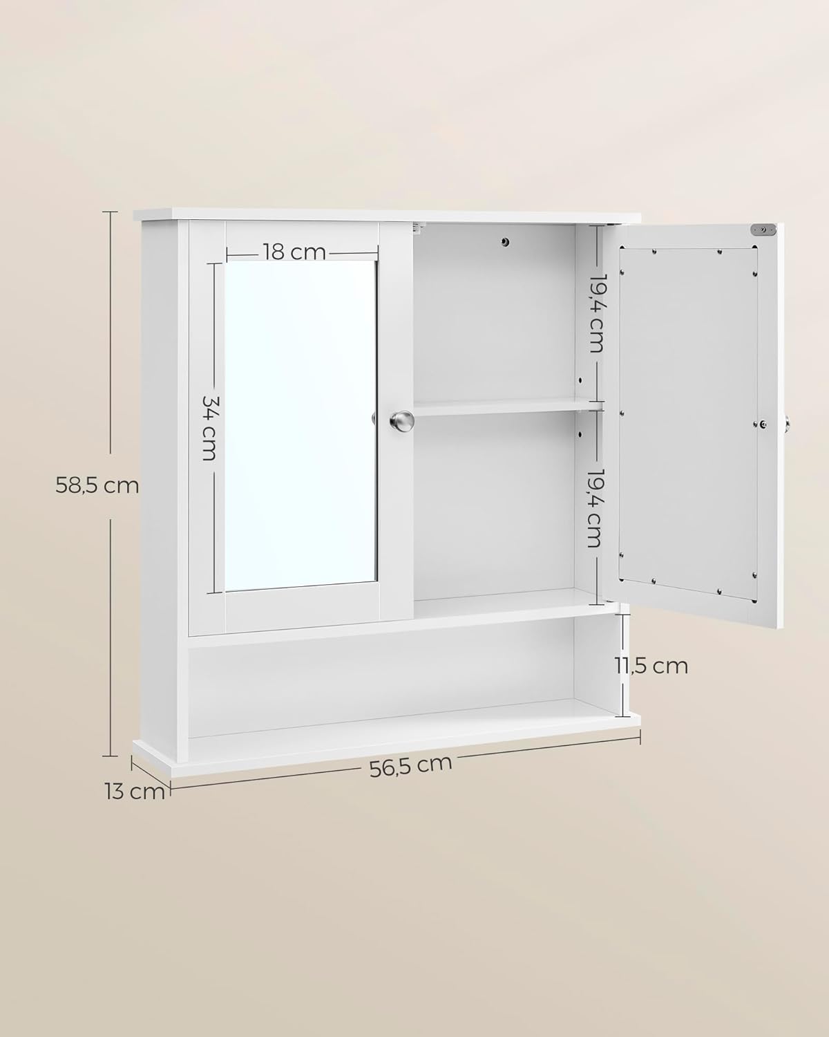 VASAGLE - armoire murale LHC002 - 13x56,5x58,5cm - 2 portes miroir, étagère réglable
