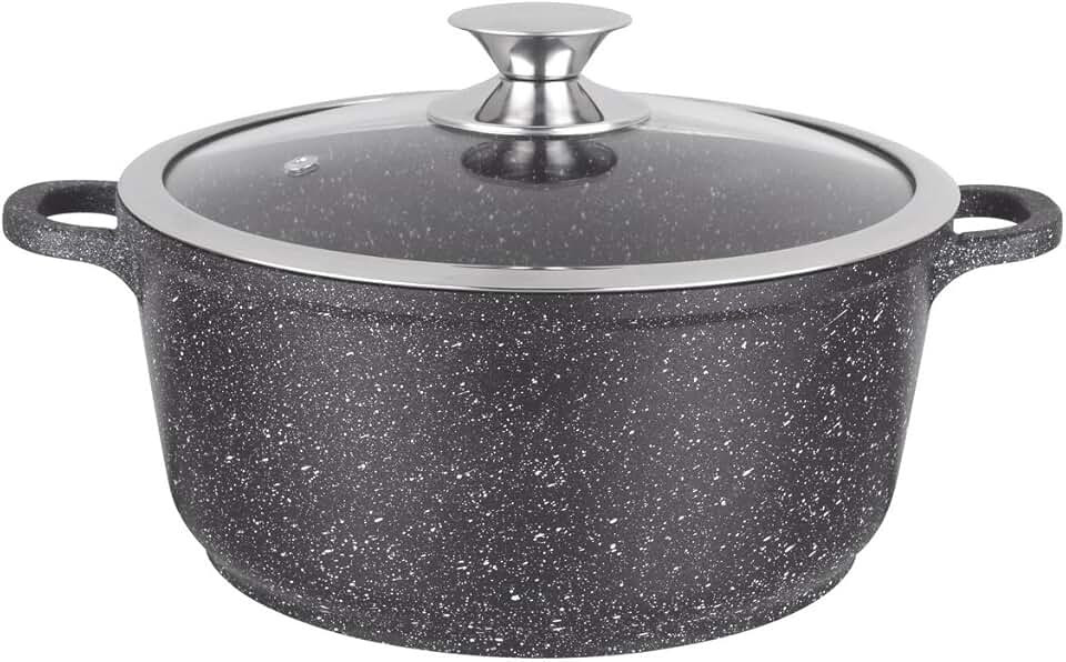 Kamberg - Marmite fonte aluminium 28 cm, revêtement pierre, induction, couvercle verre, 0008033