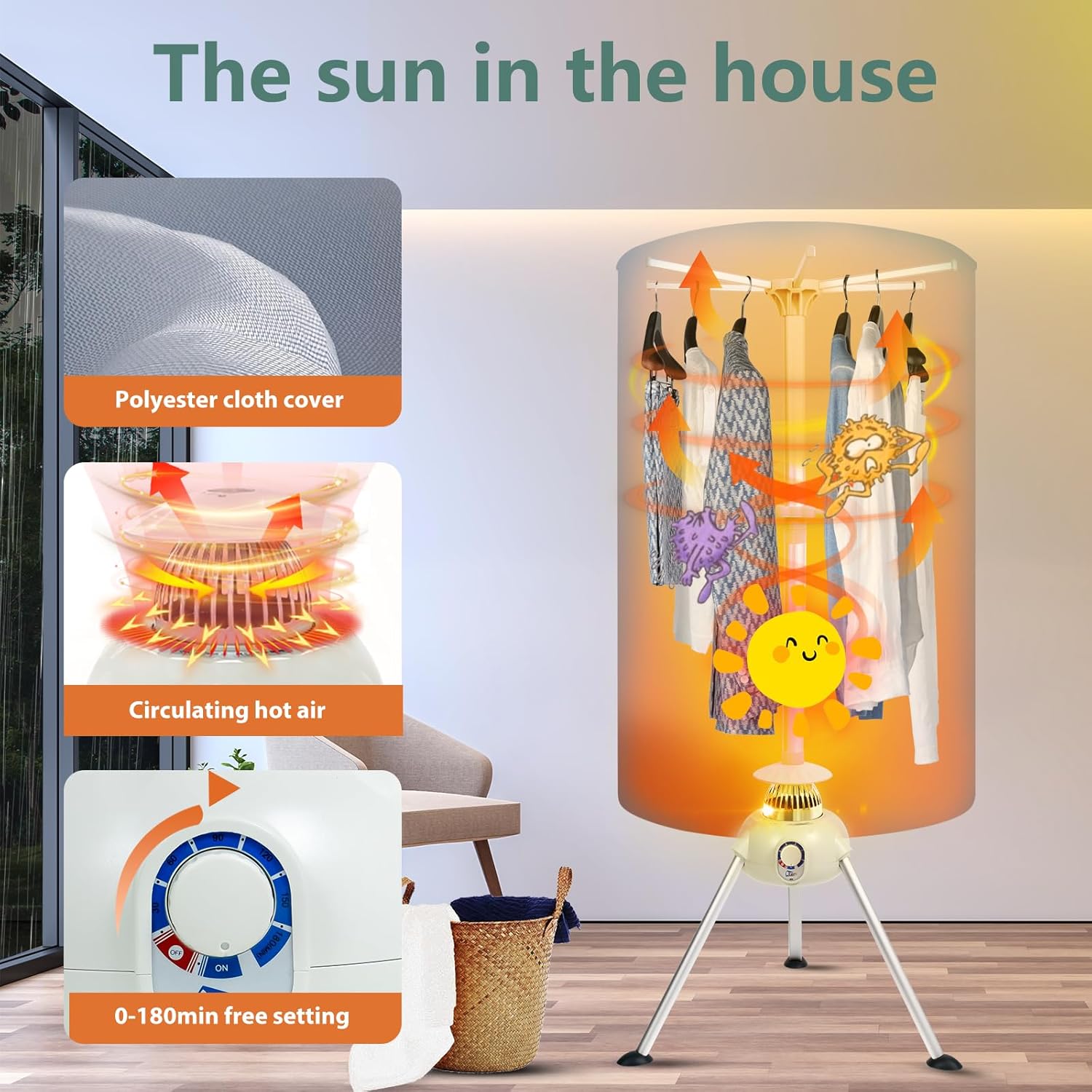 Sèche-linge électrique portable - rond - 1000W, minuterie, compact