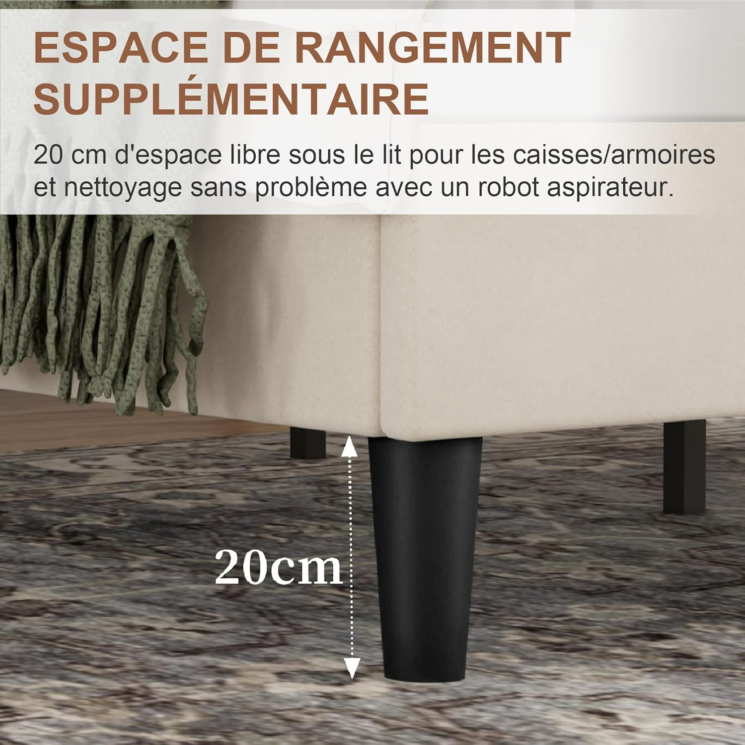 VECELO - lit double rembourré - 140x190 cm - lattes bois, velours, beige