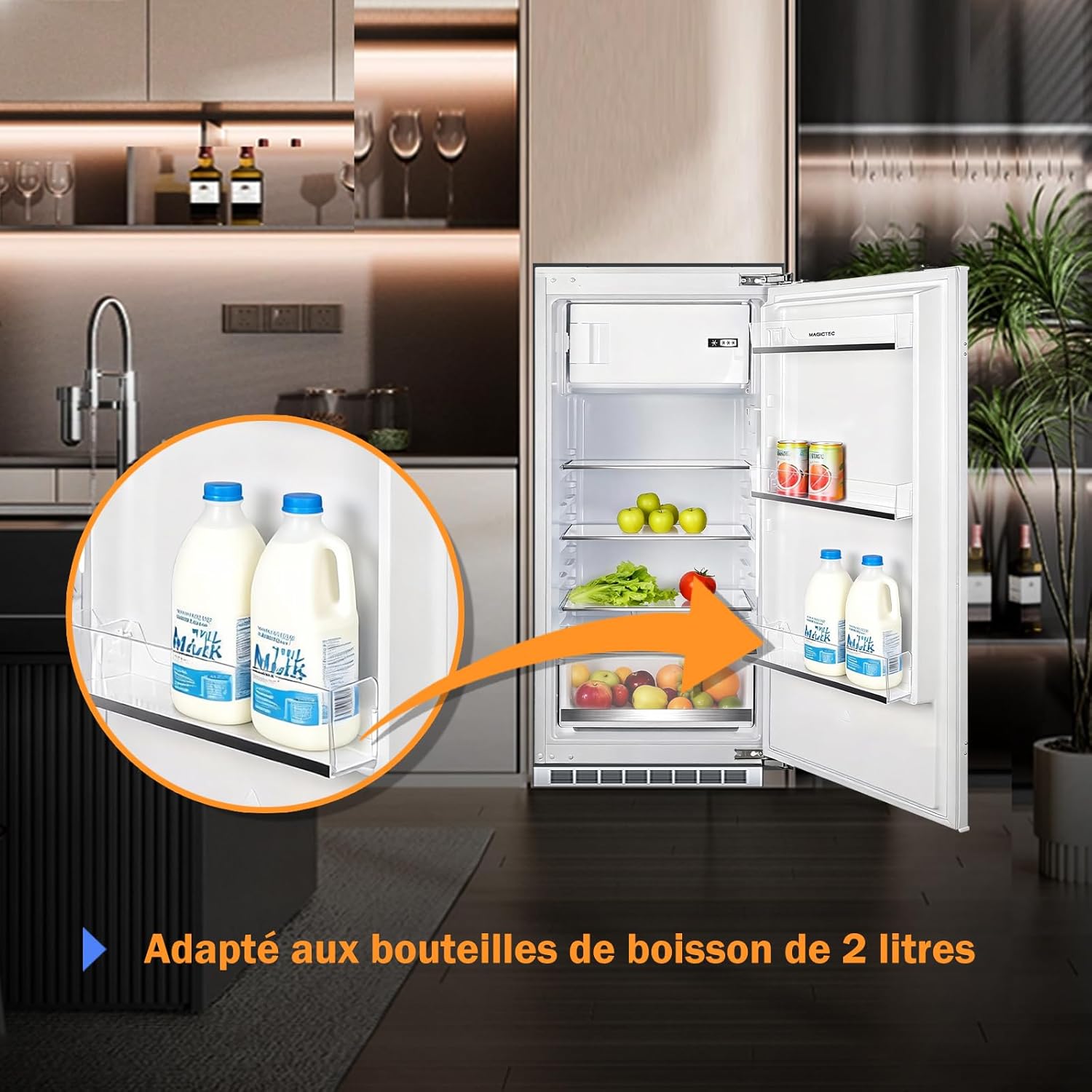 magictec - Réfrigérateur encastrable 188L, niche 122cm, congélateur, poignées interchangeables