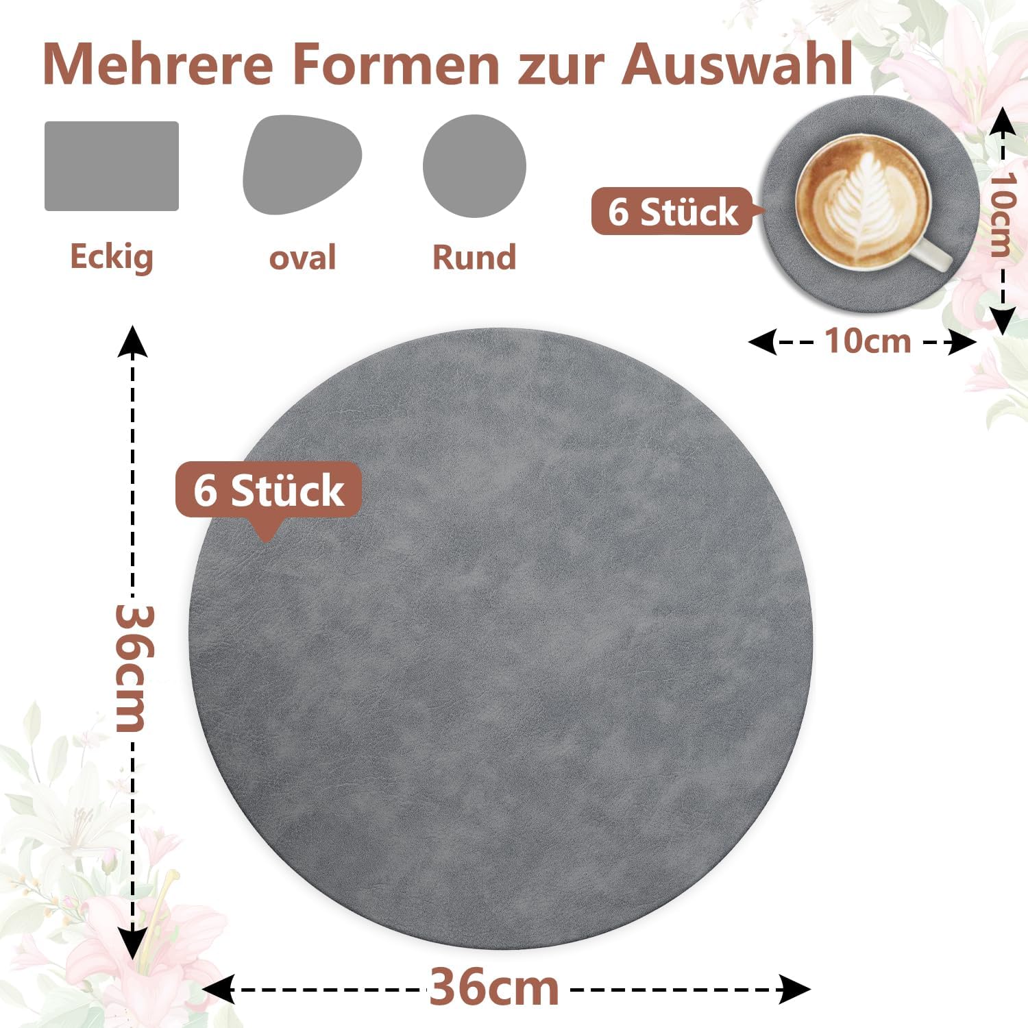 Set de table - lot de 6, cuir PU double face, 36x36cm, lavable et antidérapant