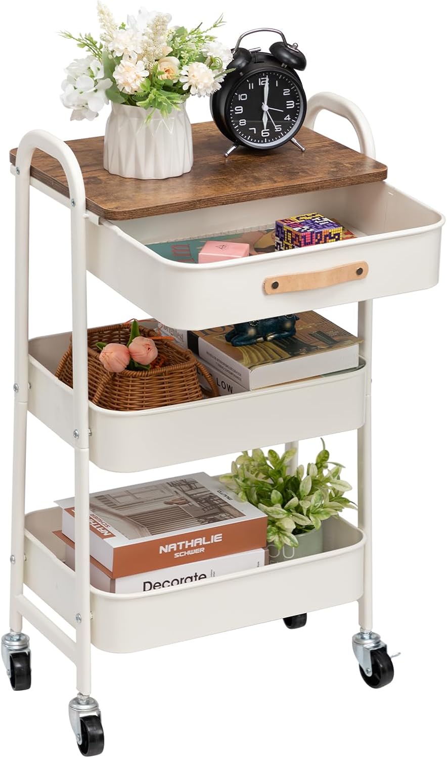 DOEWORKS - chariot de rangement 3 niveaux métal, tiroir, blanc