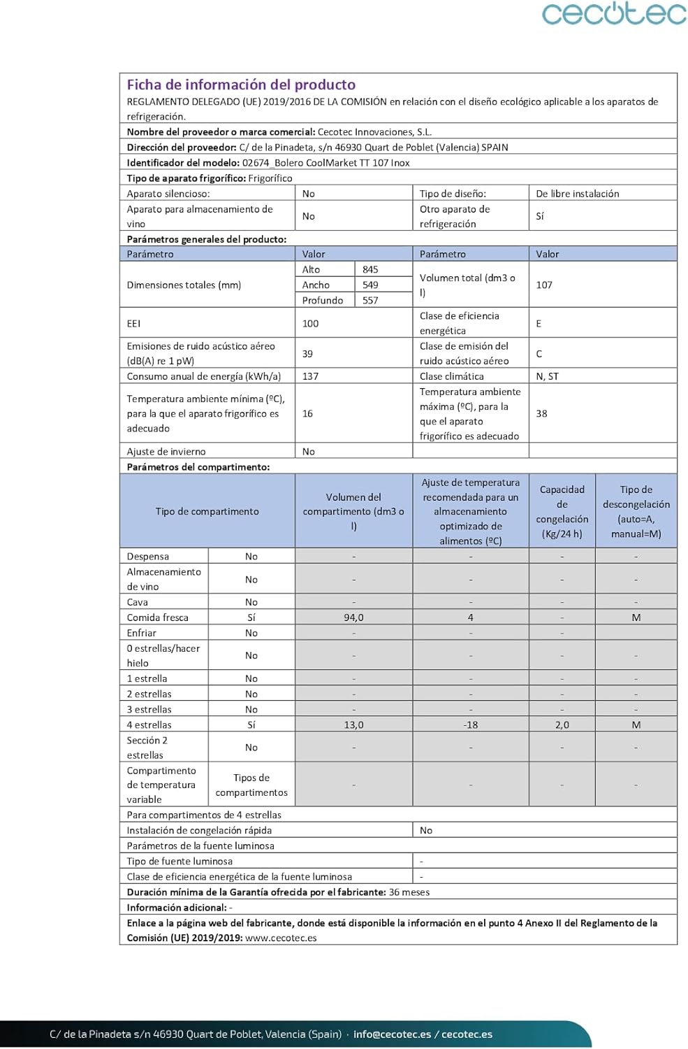 Cecotec - Bolero CoolMarket TT 107 Inox - 107L - porte réversible, congélateur, faible bruit, classe E