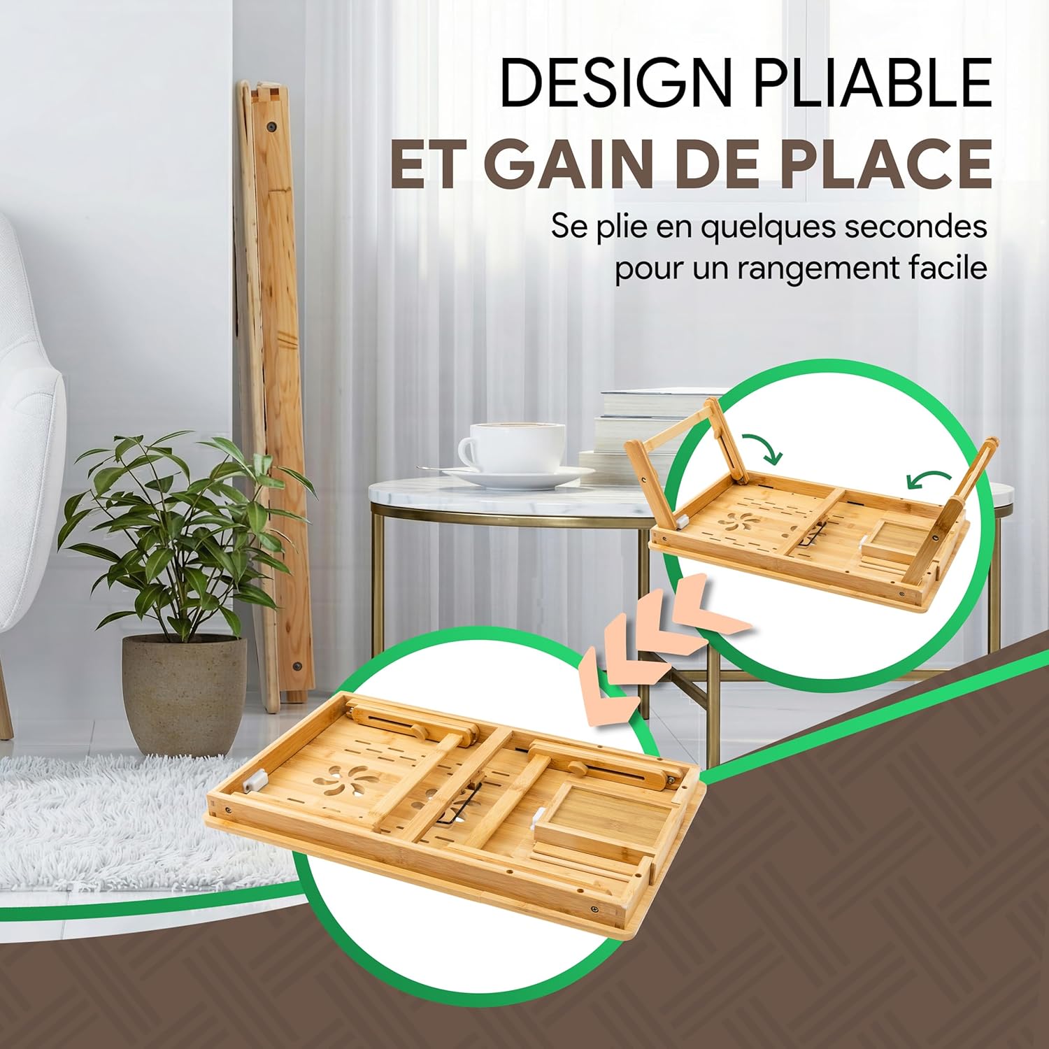 Table de lit en bambou – réglable, avec tiroir, tapis souris, 60x34cm, organisateur câbles