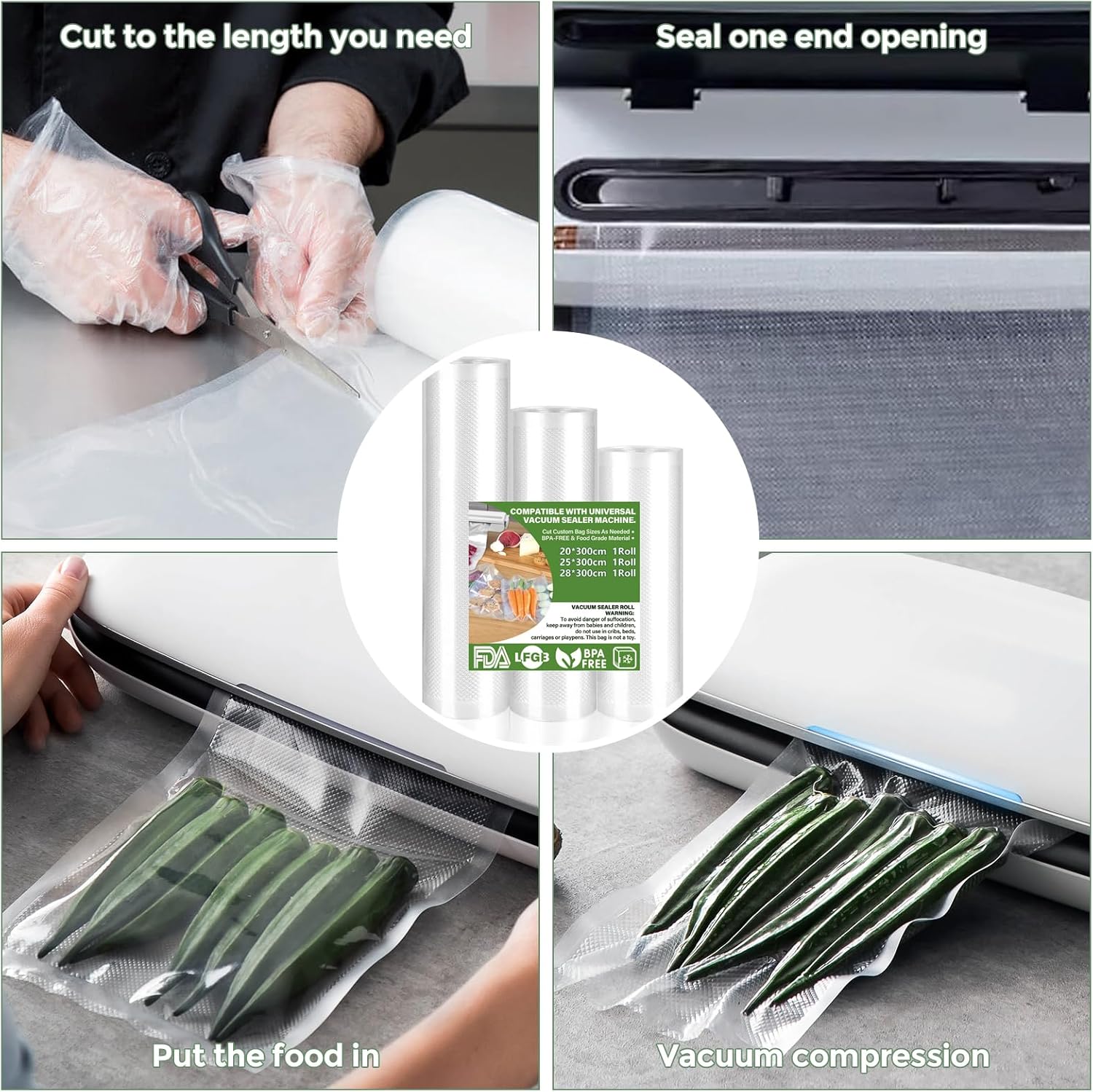 Sac sous vide alimentaire - 15x25/20x30/28x40cm - sans BPA, compatible toutes machines