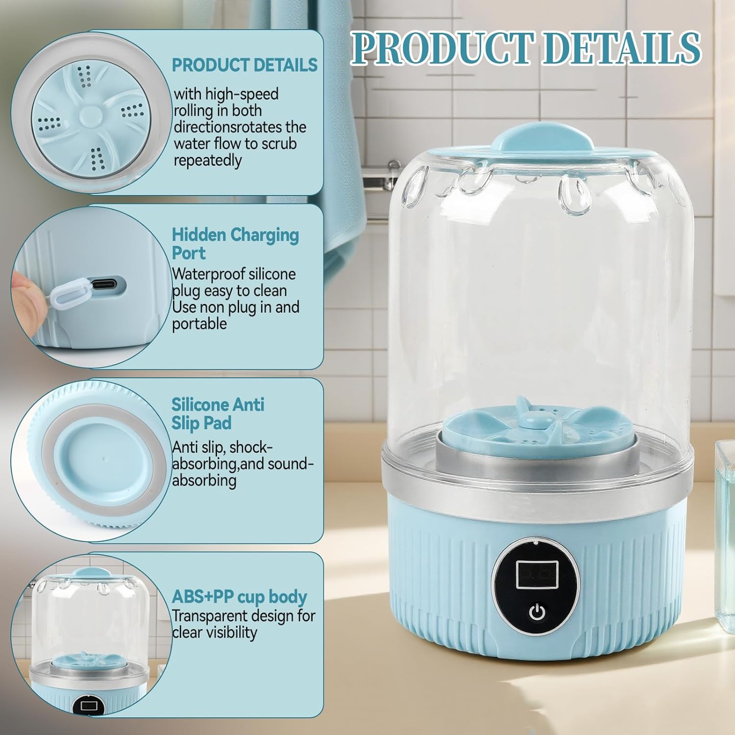 Mini machine à laver portable – compacte, sans fil, 2 modes, idéal sous-vêtements