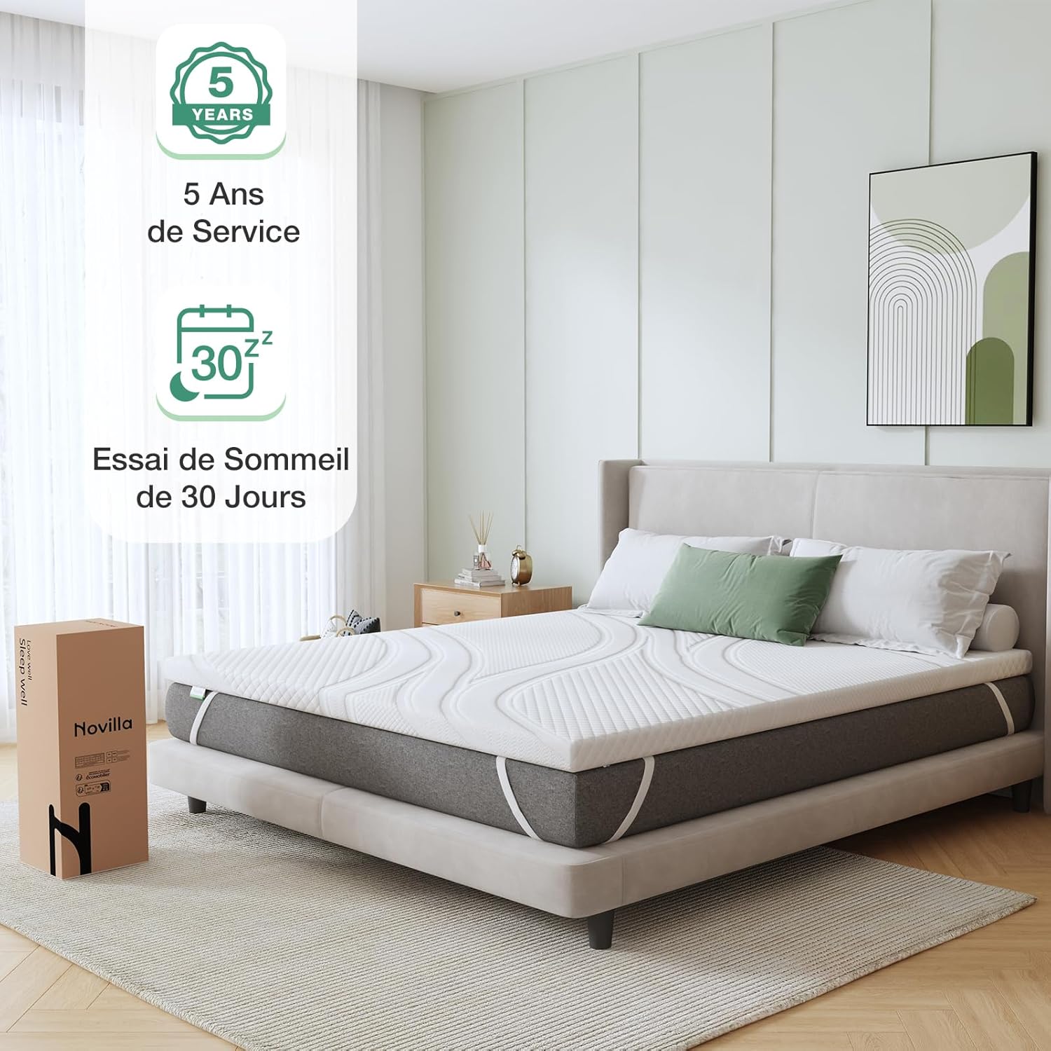 Novilla - Surmatelas 7.5CM 80x190 - Mousse mémoire gel, doux, antidérapant