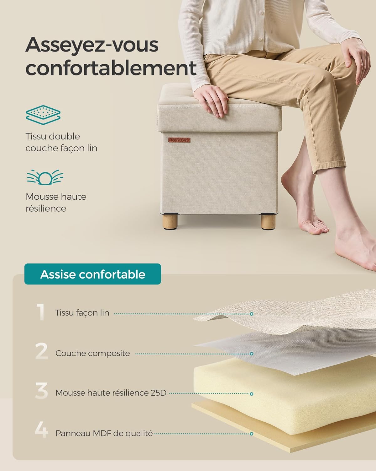 SONGMICS - pouf pliable - 38x38x40 cm - rangement solide, 300 kg, LSF014W11