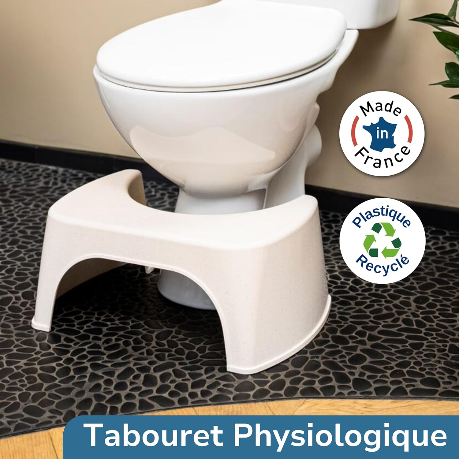 Tabouret de toilette - marche-pied adulte, plastique bois recyclé, fabrication française, beige