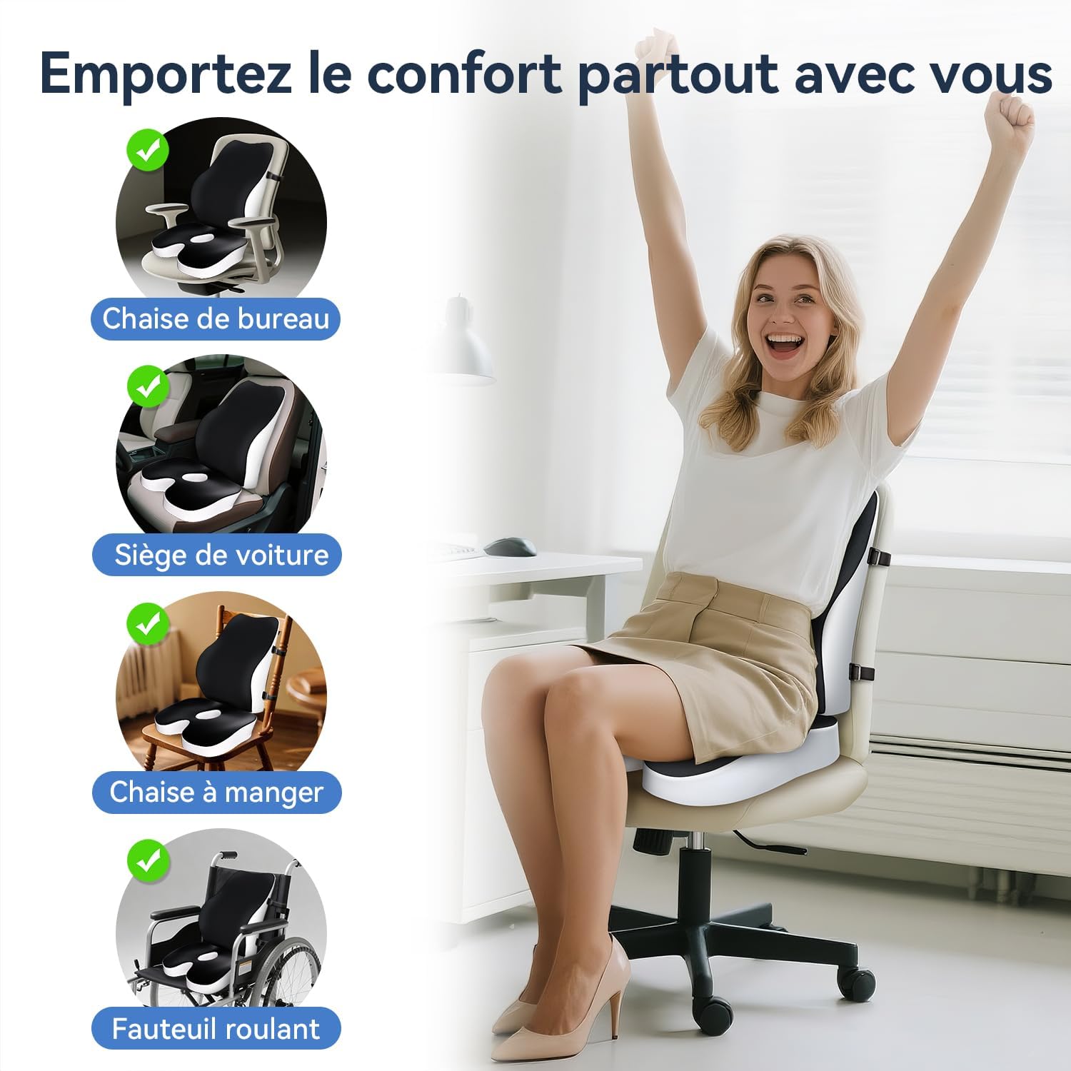 Travel Ease - Ensemble coussin mémoire ergonomique - soutien lombaire, assise confortable, noir