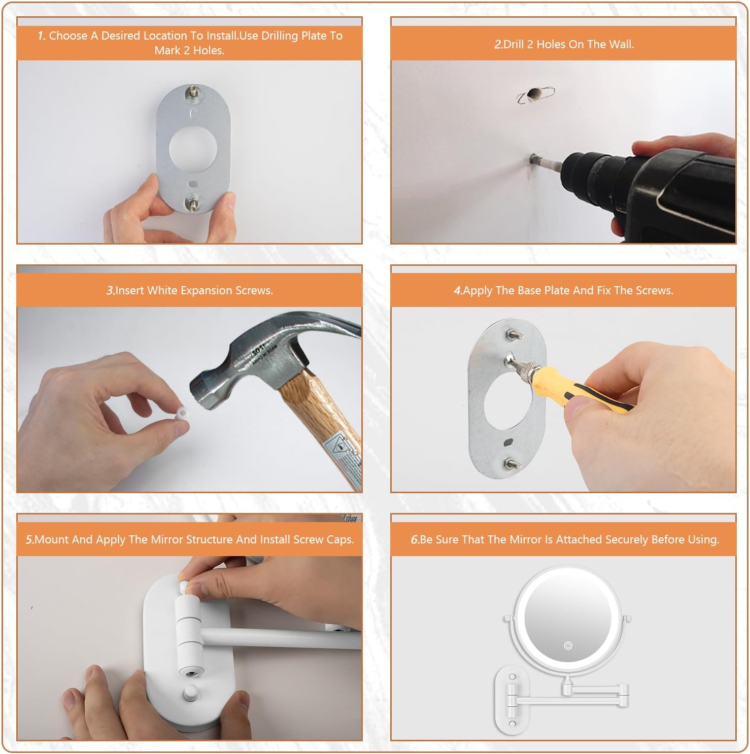 Auxmir - miroir mural série lumineuse - 8 pouces - grossissement 1x/30x, 3 couleurs, tactile, USB, 360° pivotant