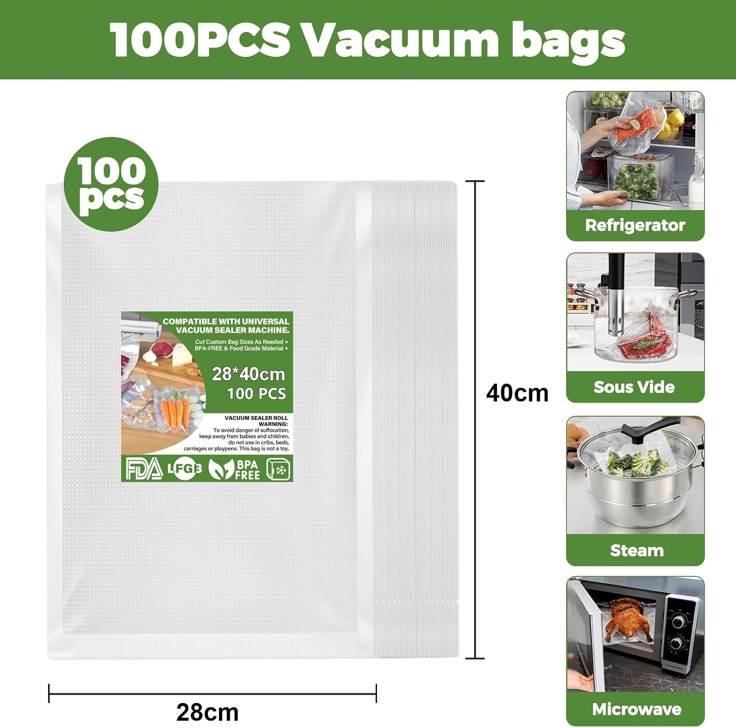 Sac Sous Vide Alimentaire - Sacs gaufrés 28x40cm, 100 pièces, sans BPA