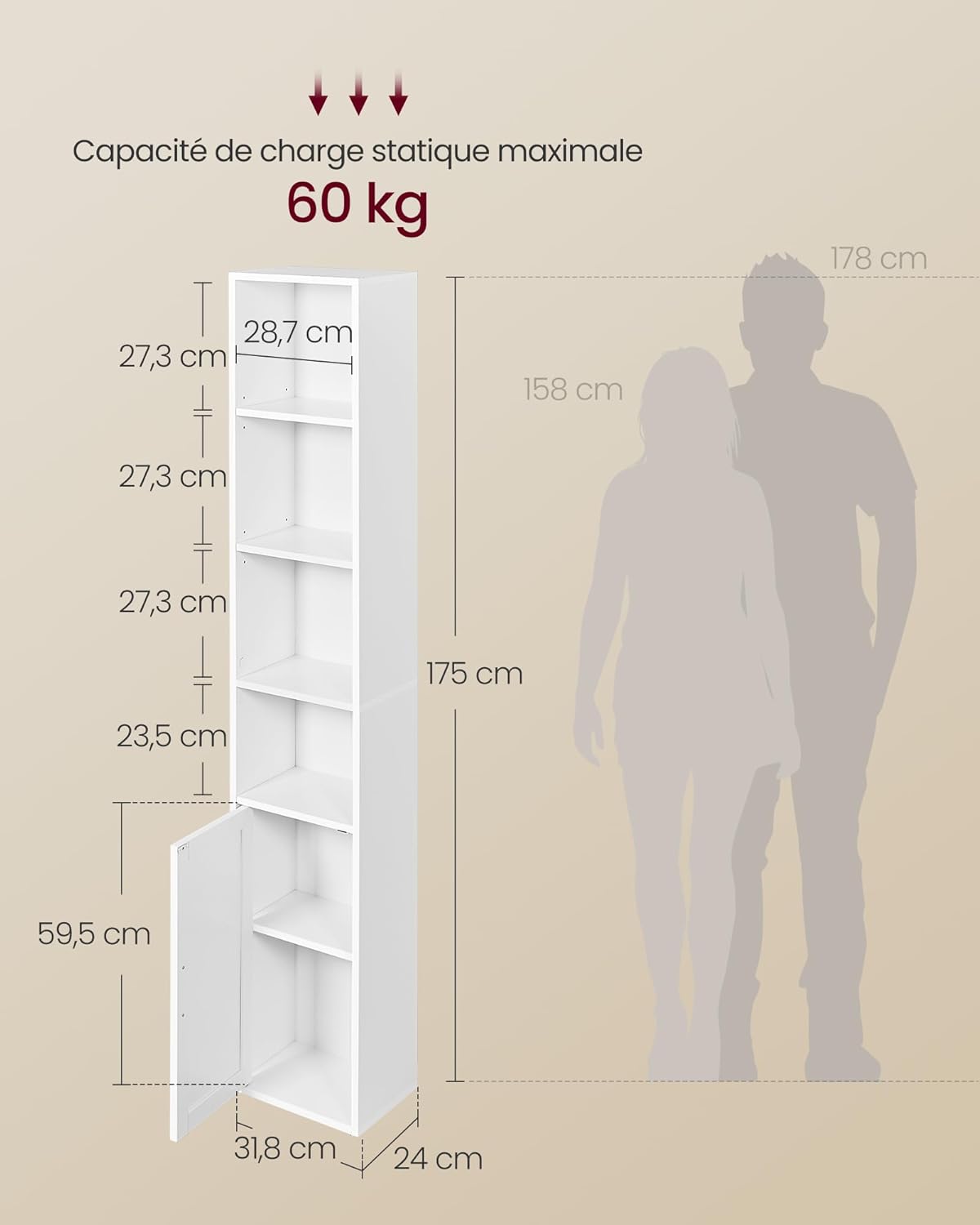 VASAGLE - Custos Collection - 24x31,8x175 cm - étagère 6 niveaux avec porte LBC401W01