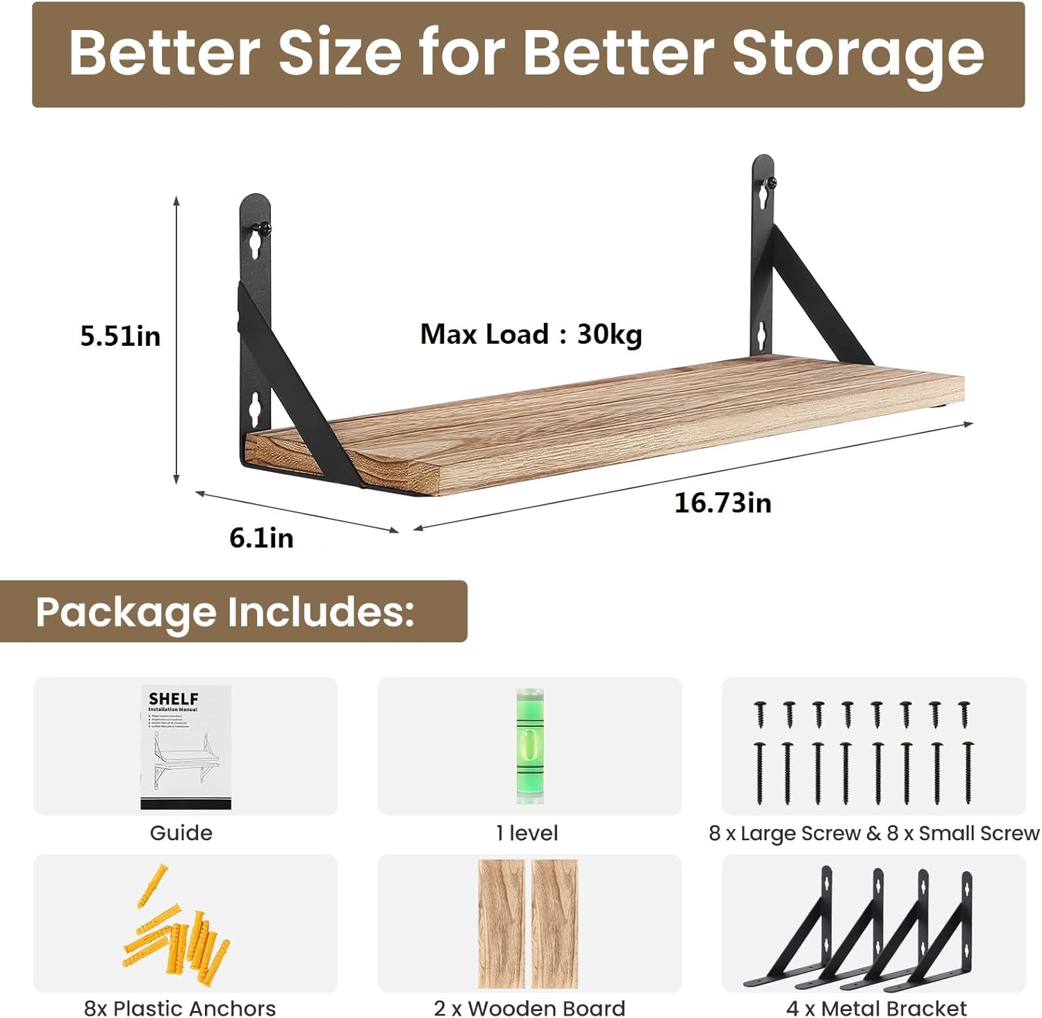 AGM - étagères murales bois, 42,5x15cm, lot 2, multi-pièces