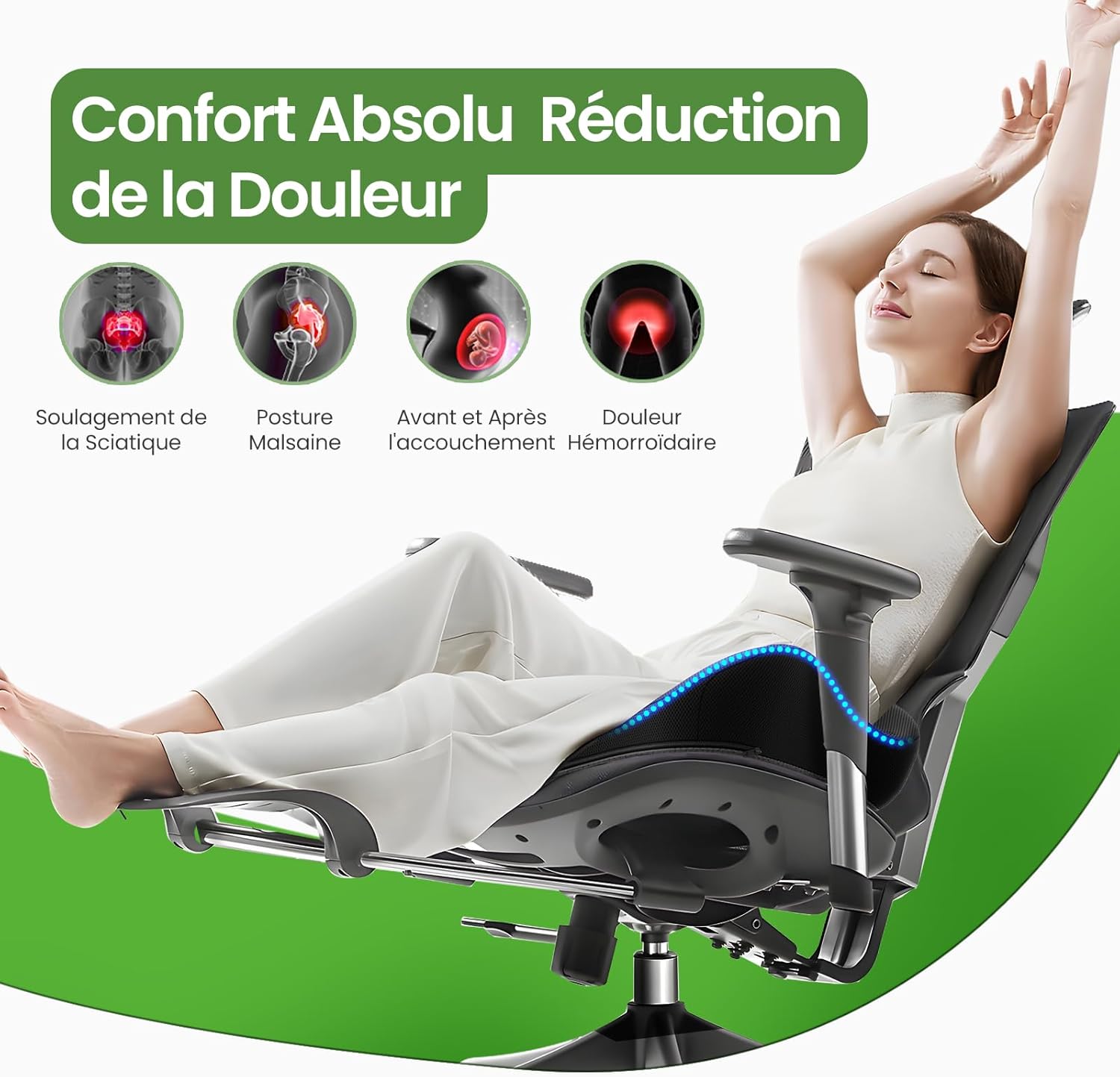 A-Pce - coussin ergonomique mémoire de forme - soulage coccyx - idéal bureau, maison, voiture