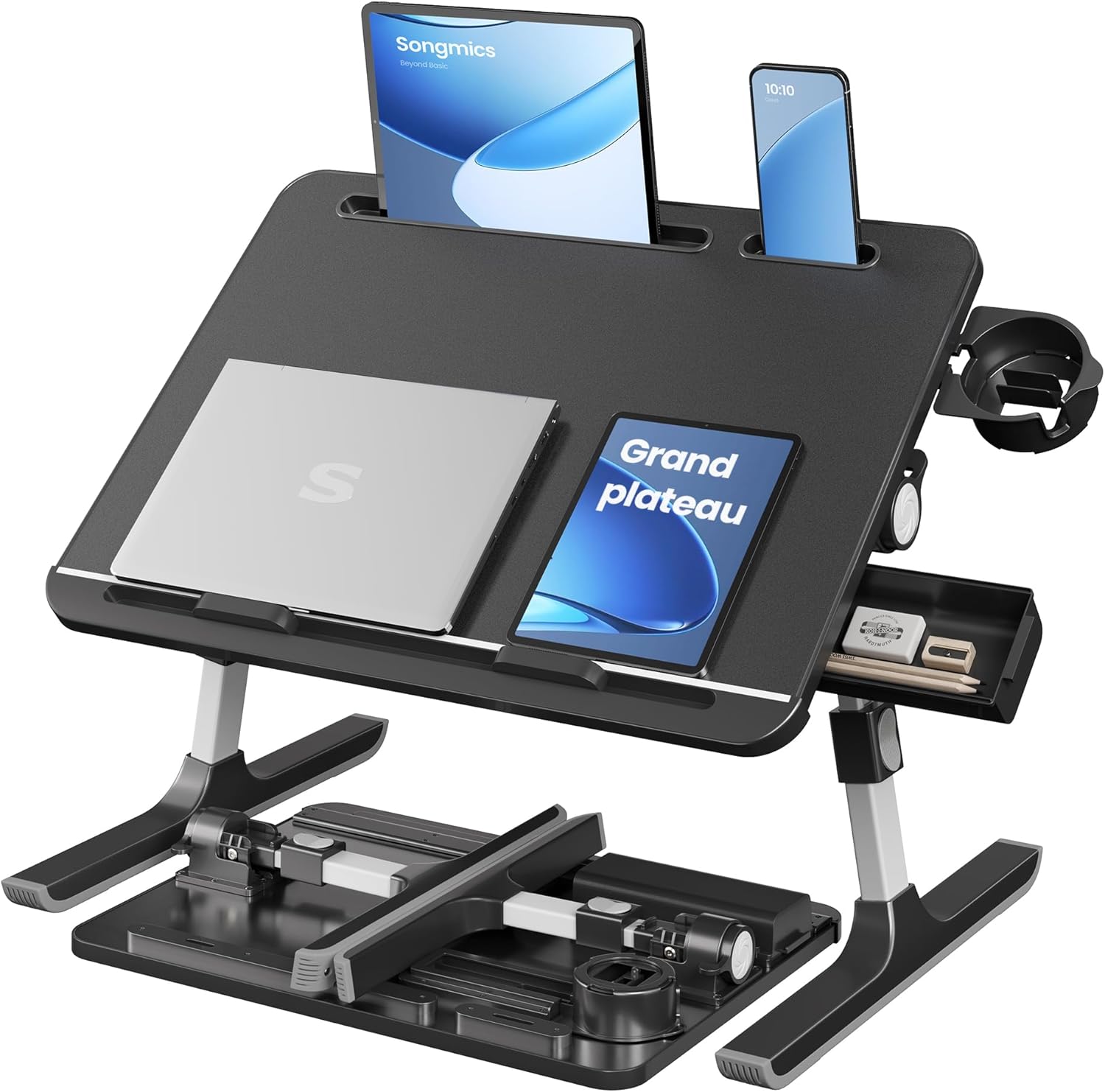 SONGMICS - table de lit pliable 56x40cm, hauteur et inclinaison réglables, porte-gobelet, LLD113BC01