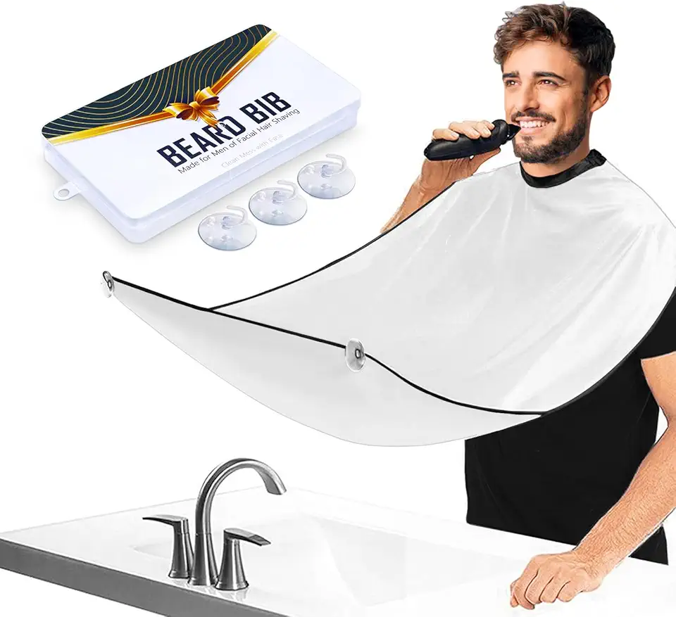 Tablier à barbe homme - cape imperméable rasage, 3 ventouses, blanc, soin facile