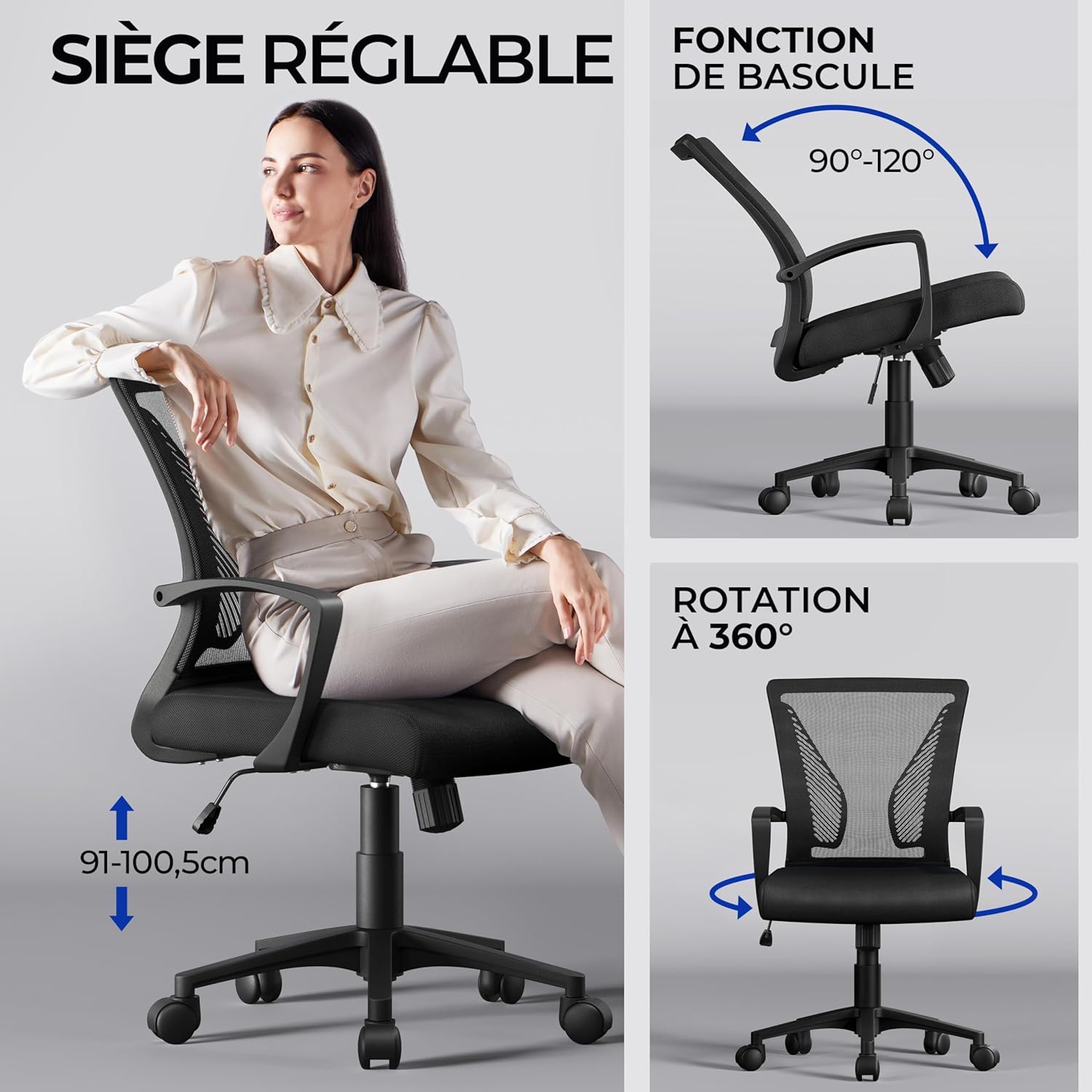 Yaheetech - chaise de bureau réglable 136kg, maille noire, dossier inclinable