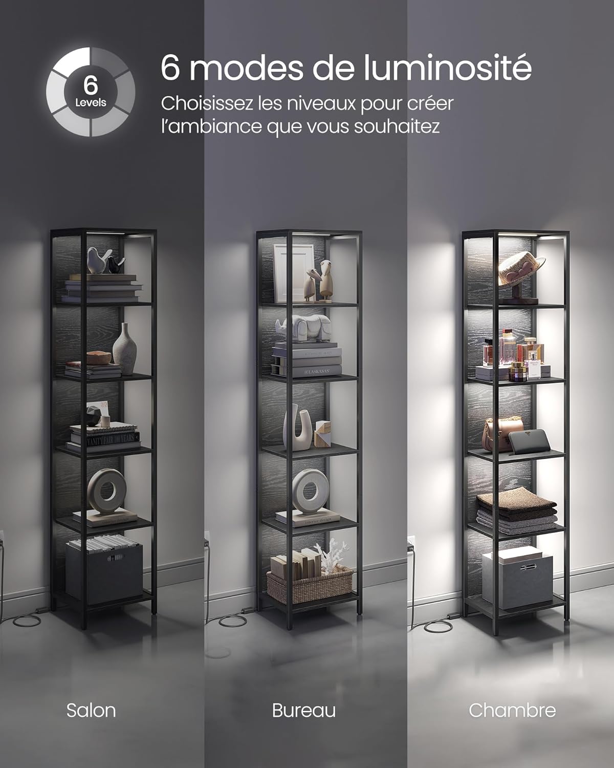 VASAGLE - bibliothèque 6 niveaux, LED réglable, acier, 30,3x40x178,6 cm, LLS121B57