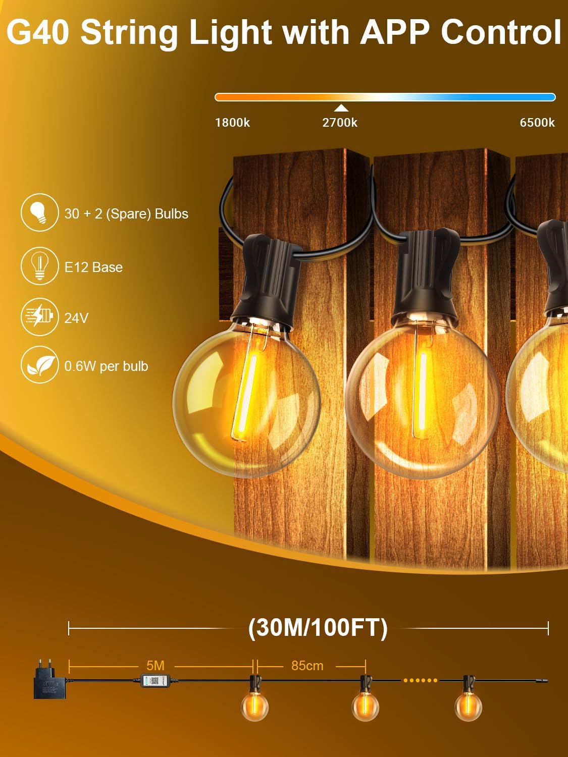 Guirlande lumineuse extérieure - 30m - dimmable, LED, télécommande, IP44, musique