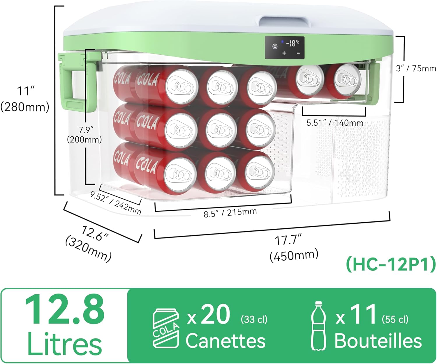 BINGI - glacière à compression 12,8L, -18°C, 12V/24V/220V, portable