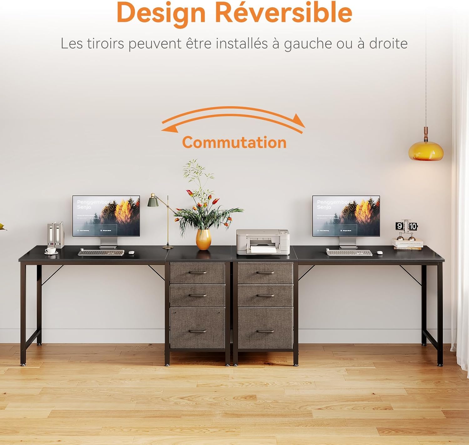 Coleshome - Bureau 120x48cm - 3 tiroirs tissu, porte-casque, réversible