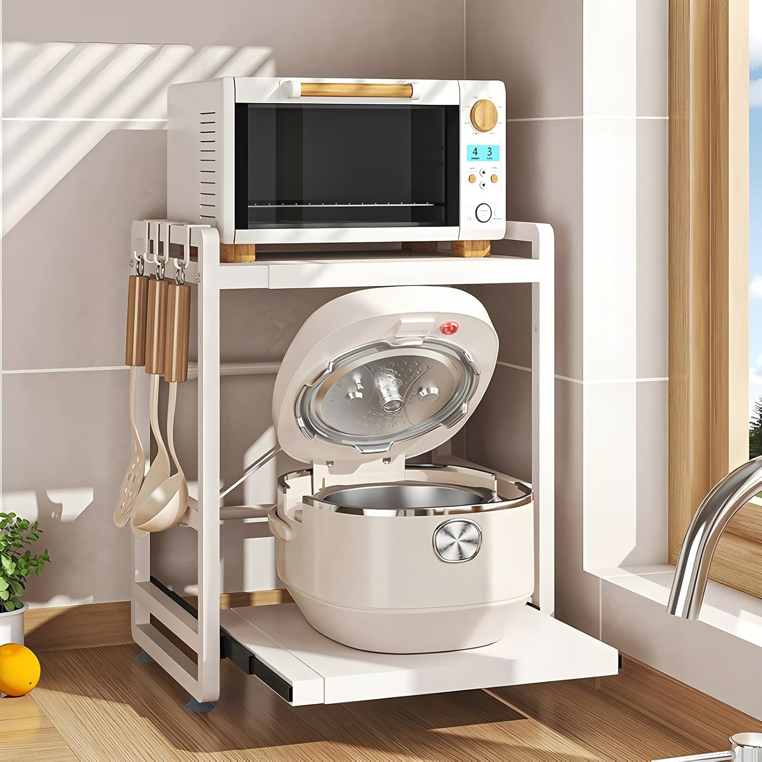 Étagère de cuisine 2 étages - réglable, extensible, tiroir - acier blanc