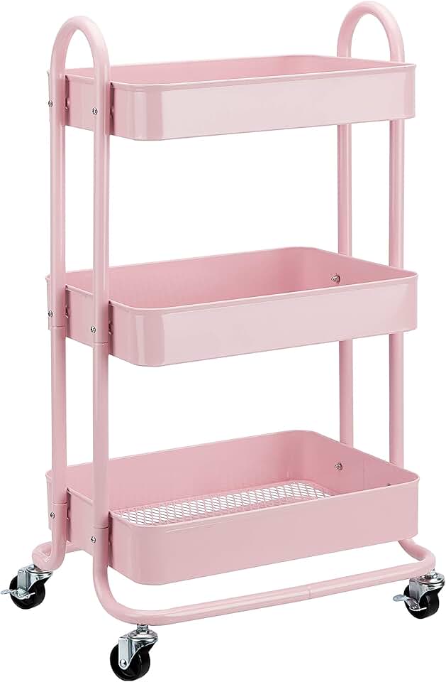maxi-dealzz Basics - Chariot de rangement 3 niveaux - roulettes - rose - dimensions compactes