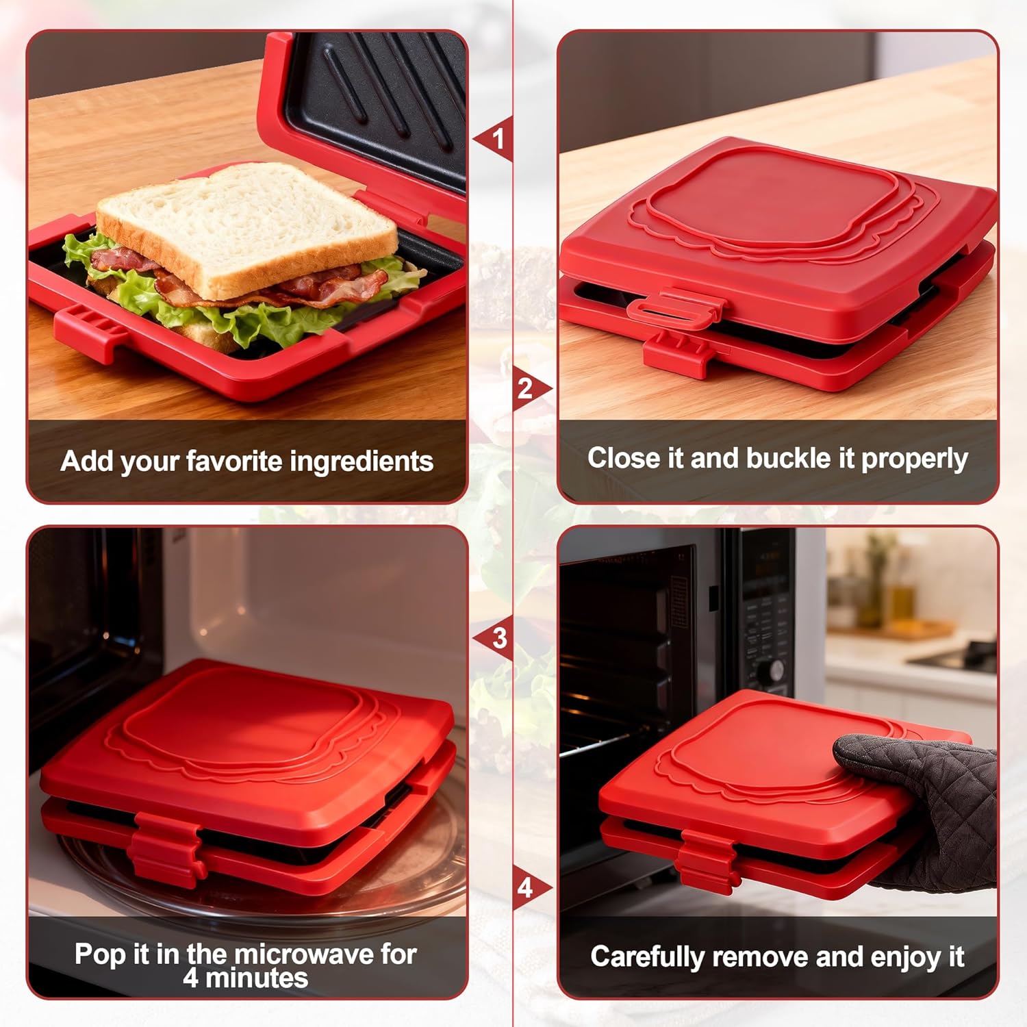 Appareil à croque-monsieur - 16x16 cm - plaques amovibles aluminium, coque silicone, usage micro-ondes