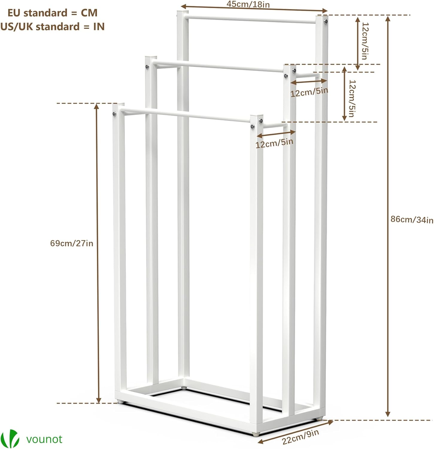VOUNOT - porte-serviettes 3 niveaux métal - rangement stable 85x50 cm - blanc