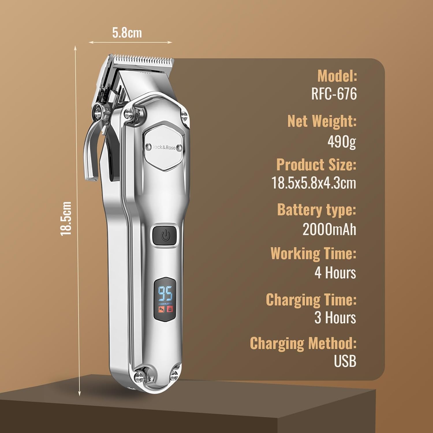 Jack & Rose - tondeuse pro sans fil, étanche IPX7, LED, USB, coupe barbe et cheveux