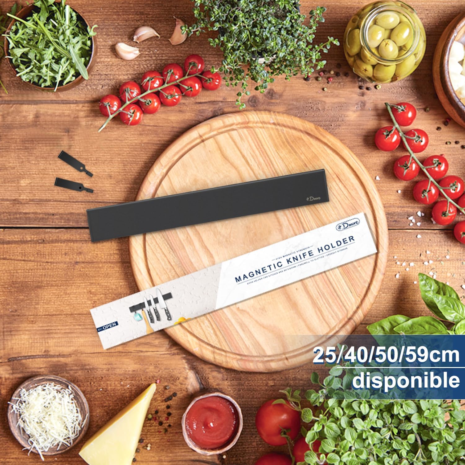 Dmore - Barre magnétique cuisine - 25cm - Puissante, adhésif, vis, 2 crochets