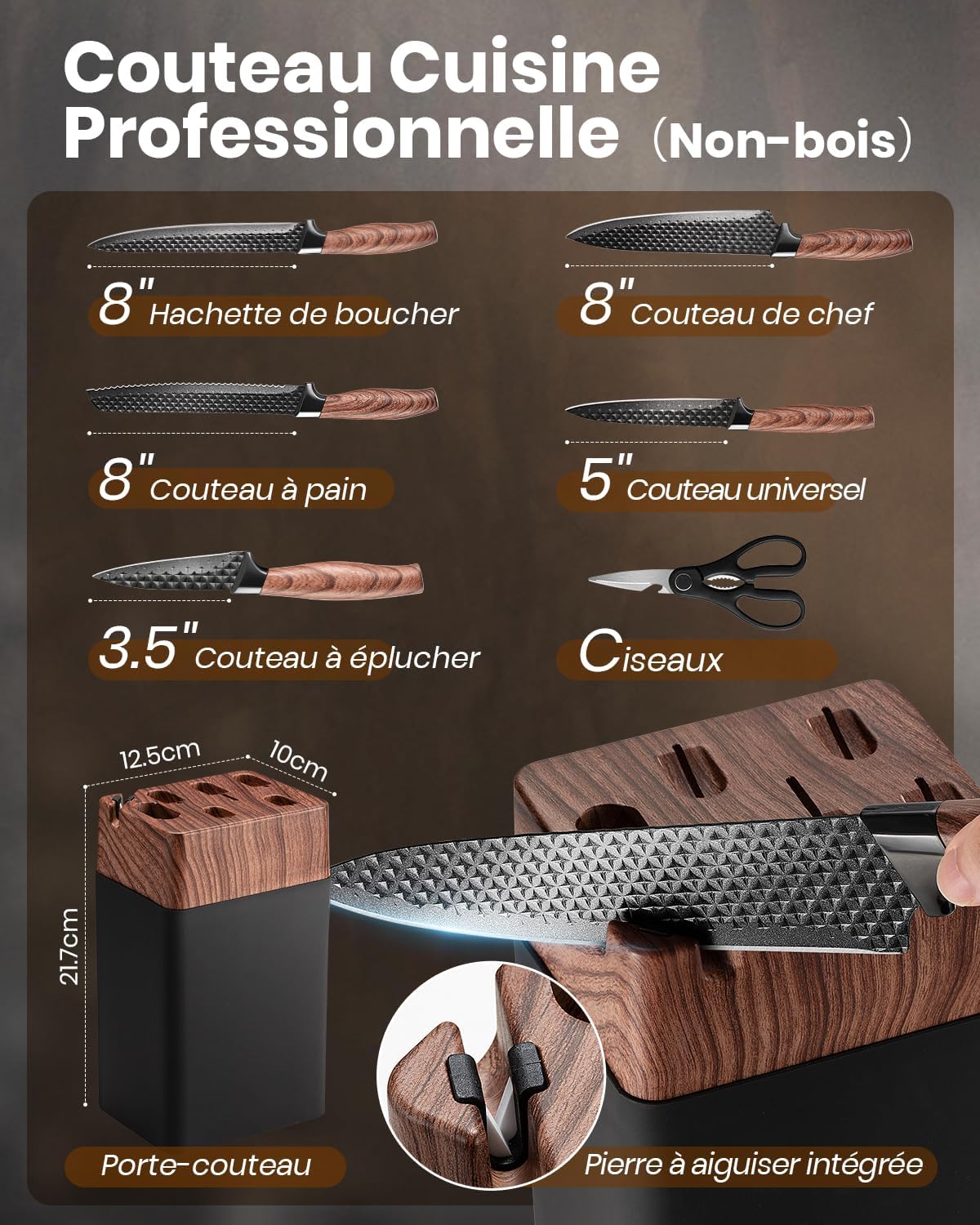 Couteaux de cuisine - set 7 pièces, acier inox, manches ergonomiques, bloc inclus