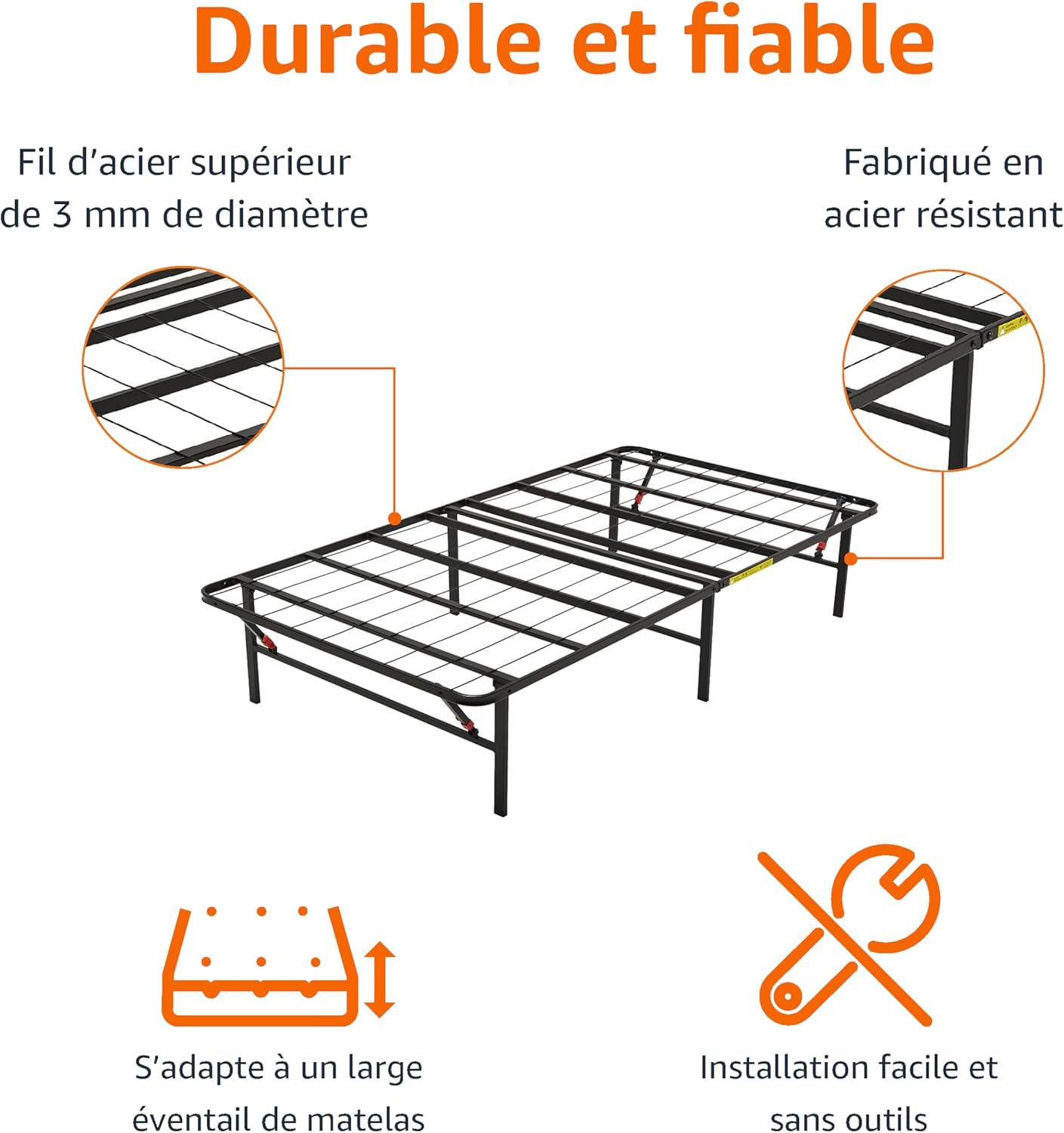 Amazon Basics - cadre de lit pliable 90x190x35.5 cm - montage facile, rangement spacieux
