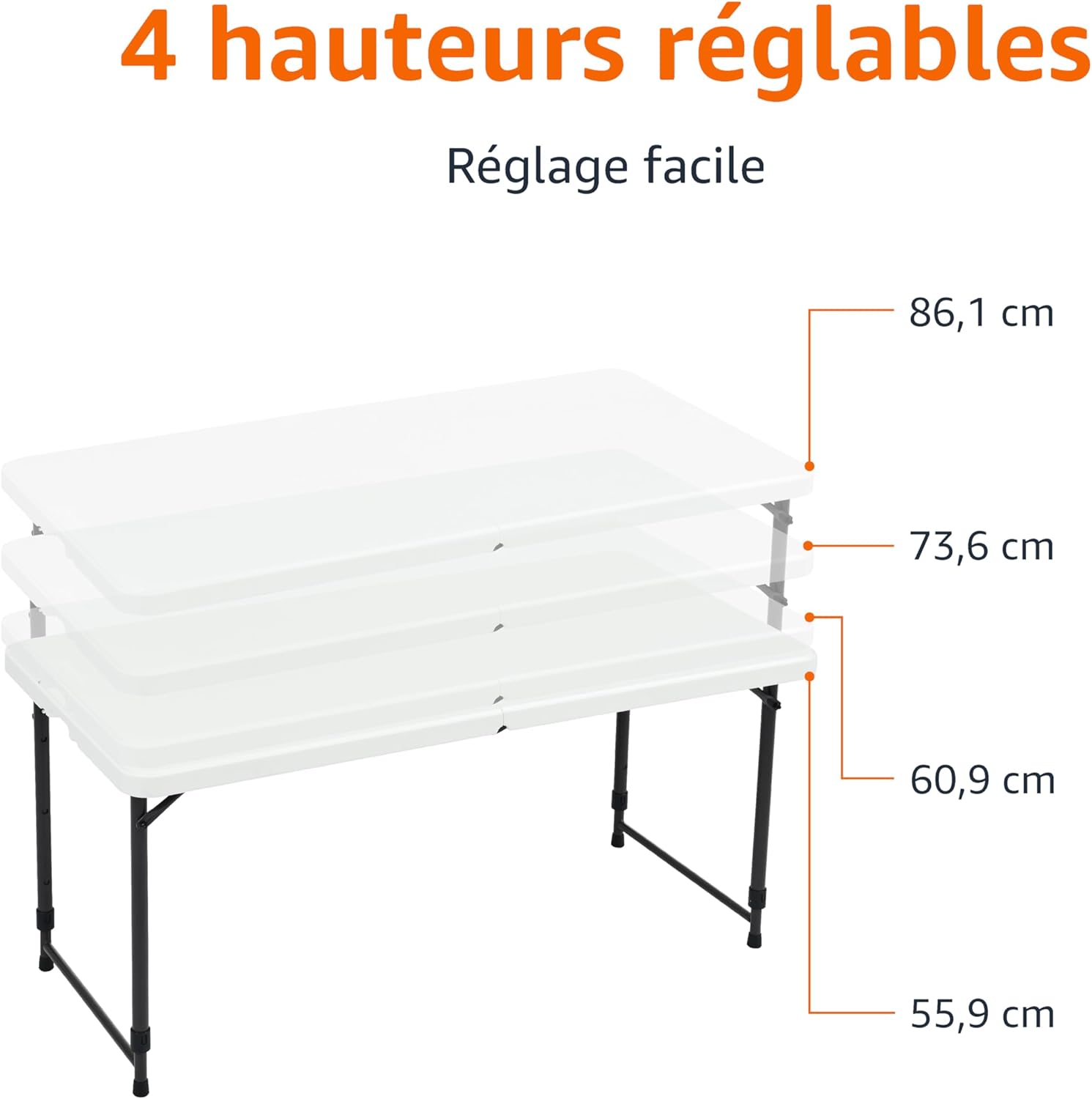 Amazon Basics - Table pliante rectangulaire - 121x61x86 cm - 4 hauteurs réglables, poignée, légère