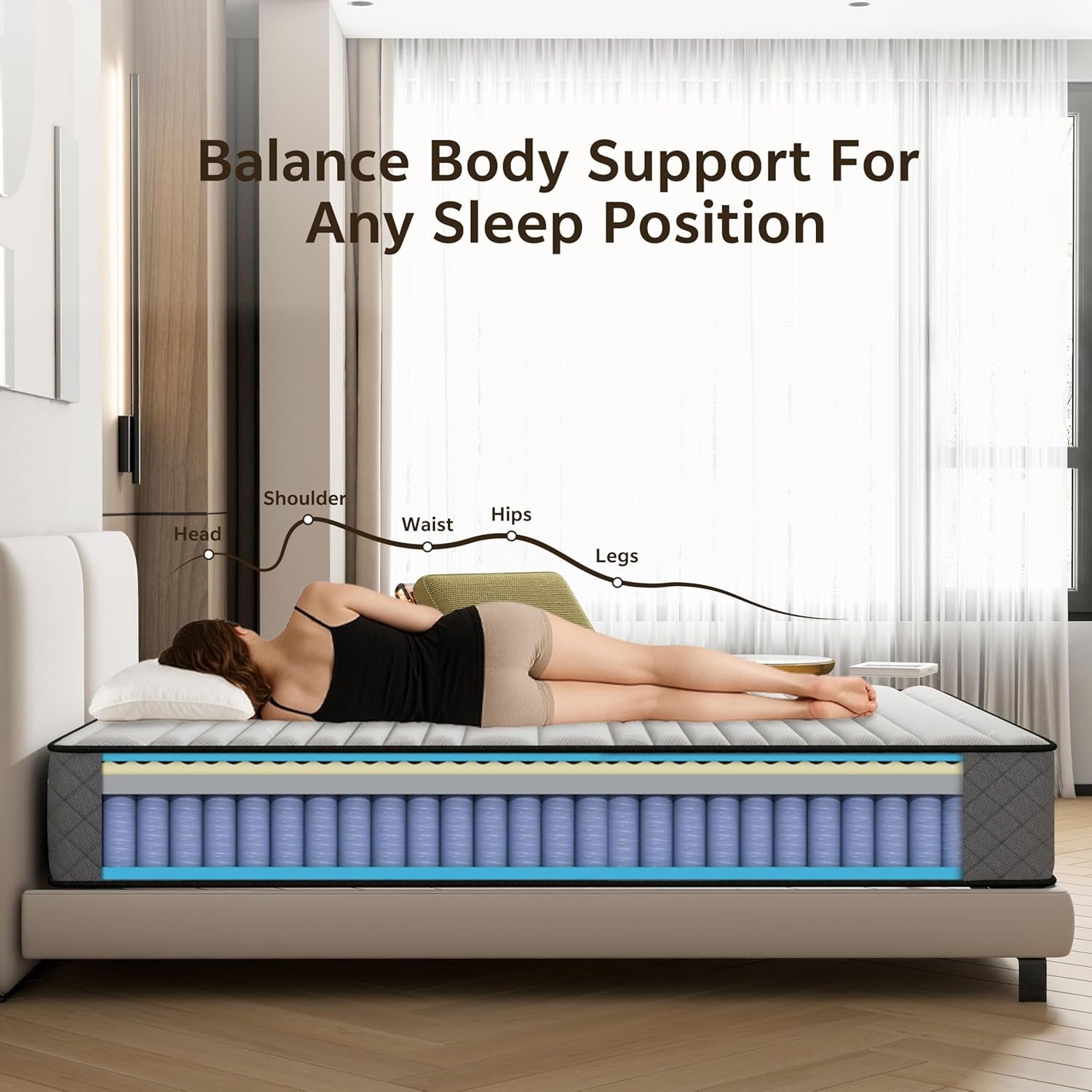 Matelas double - ressorts ensachés, mémoire de forme - 160x190 cm - ergonomique, respirant, soutien H3