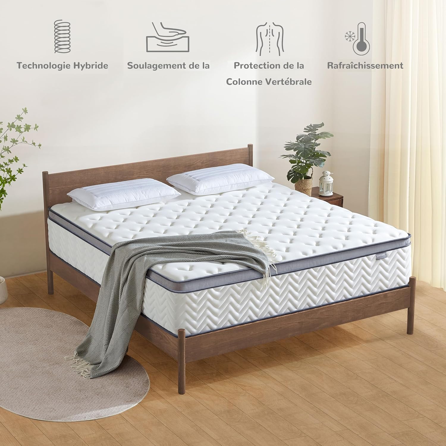 Matelas hybride 160x200cm, ressorts ensachés, mousse mémoire, confort mi-ferme