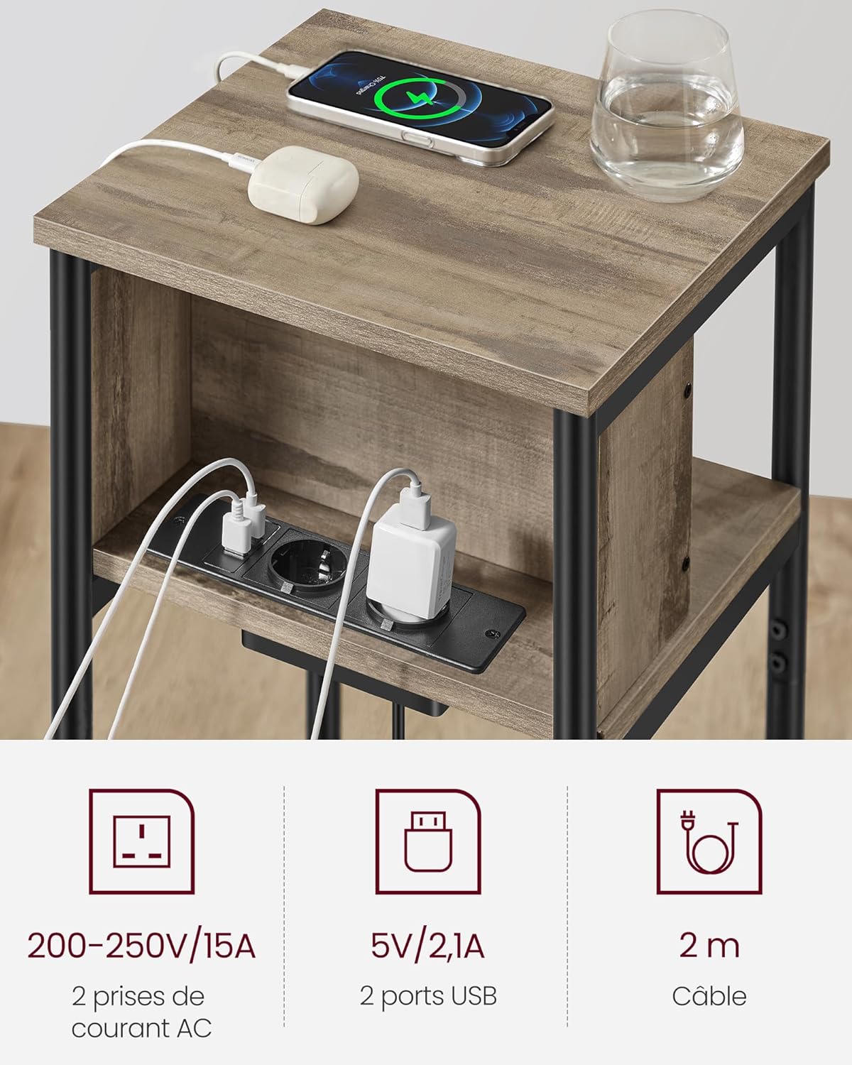 VASAGLE - Table d'appoint LET375K01 - 30x34x58cm - multiprise, 2 USB, 2 CA, marron-noir LET375K01