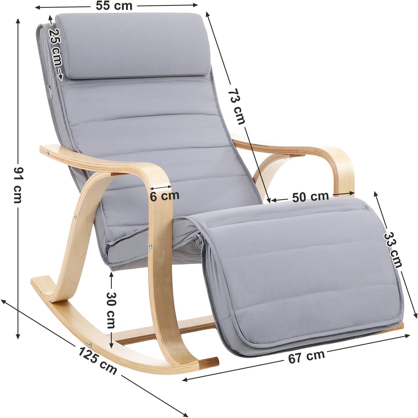 SONGMICS - fauteuil à bascule, bois et tissu, 125x67x91cm, 5 positions, LYY41G