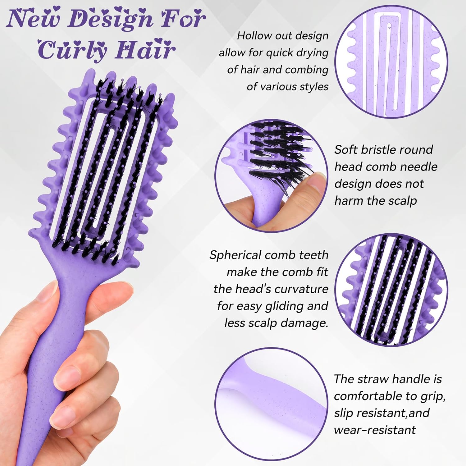 Brosse à boucler - poignée ergonomique, antistatique, violette, démêlage doux