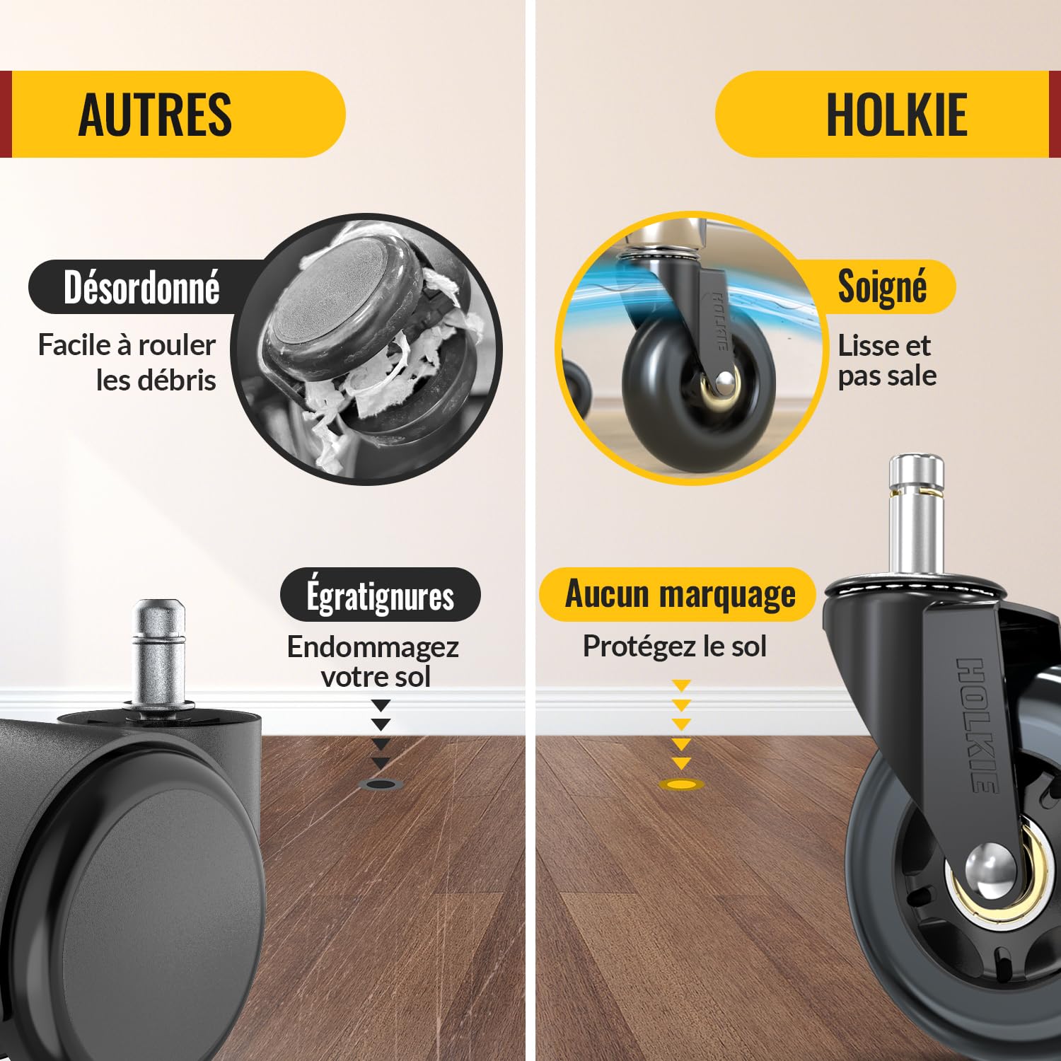 HOLKIE - roulettes chaise bureau - 10x22 mm - caoutchouc, lot de 5, sols durs/tapis, rechange robustes