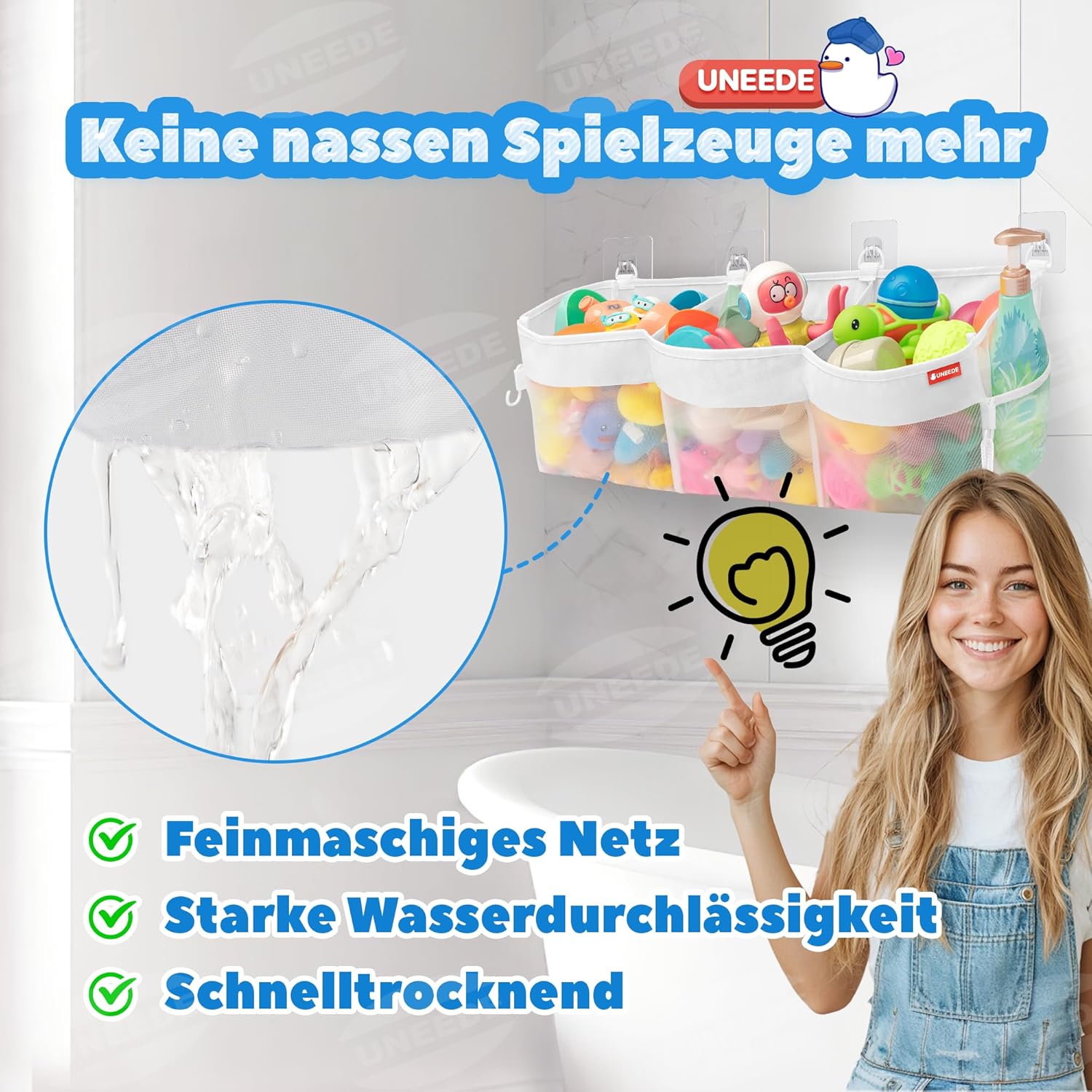 Rangement pour jouets de bain, 3 compartiments, maille, sac baignoire