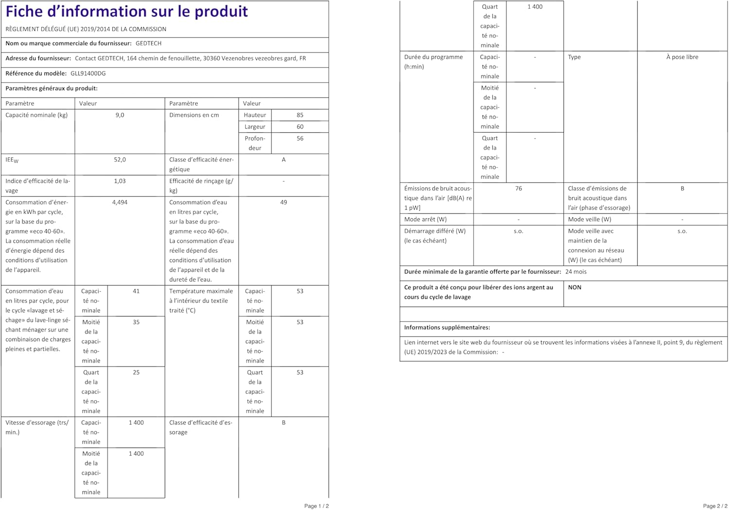 GEDTECH - Lave-linge frontal 9 kg - 1400 tr/min - 16 programmes - GLL91400DG