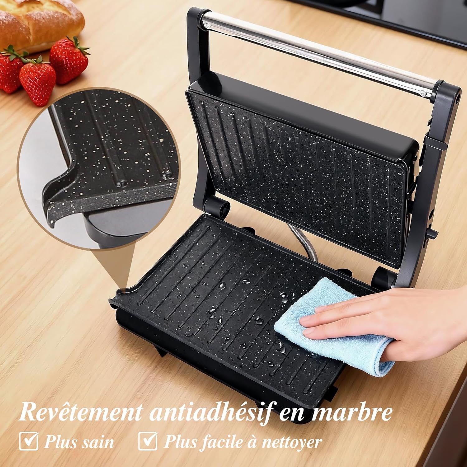 Aigostar - York Pro - grill panini 1000W, plaques antiadhésives, ouverture 180°