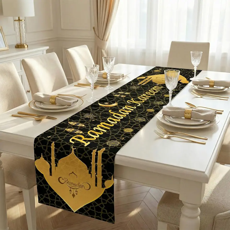 Nappe Ramadan - décor noir et doré 35x180cm, déco musulmane
