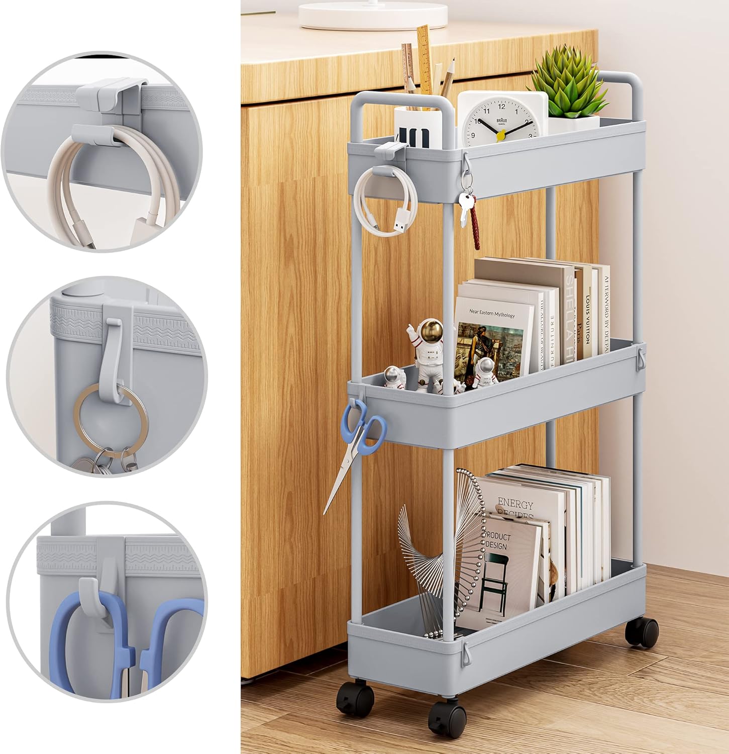 SOLEJAZZ - chariot 3 niveaux mobile gris - rangement compact cuisine, salle de bain